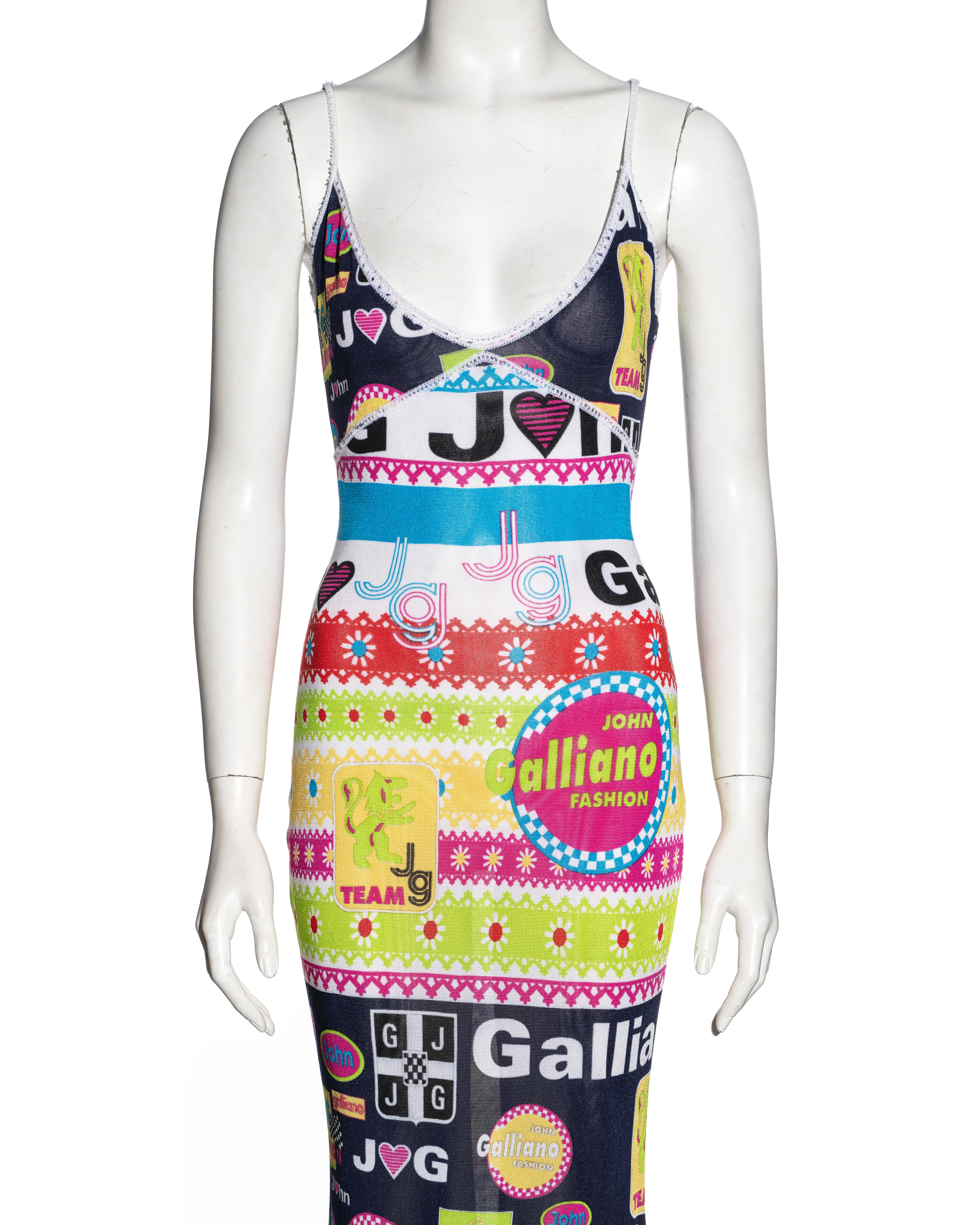 John Galliano multicoloured viscose knit logo print maxi dress, ss 2002 In Excellent Condition For Sale In London, GB