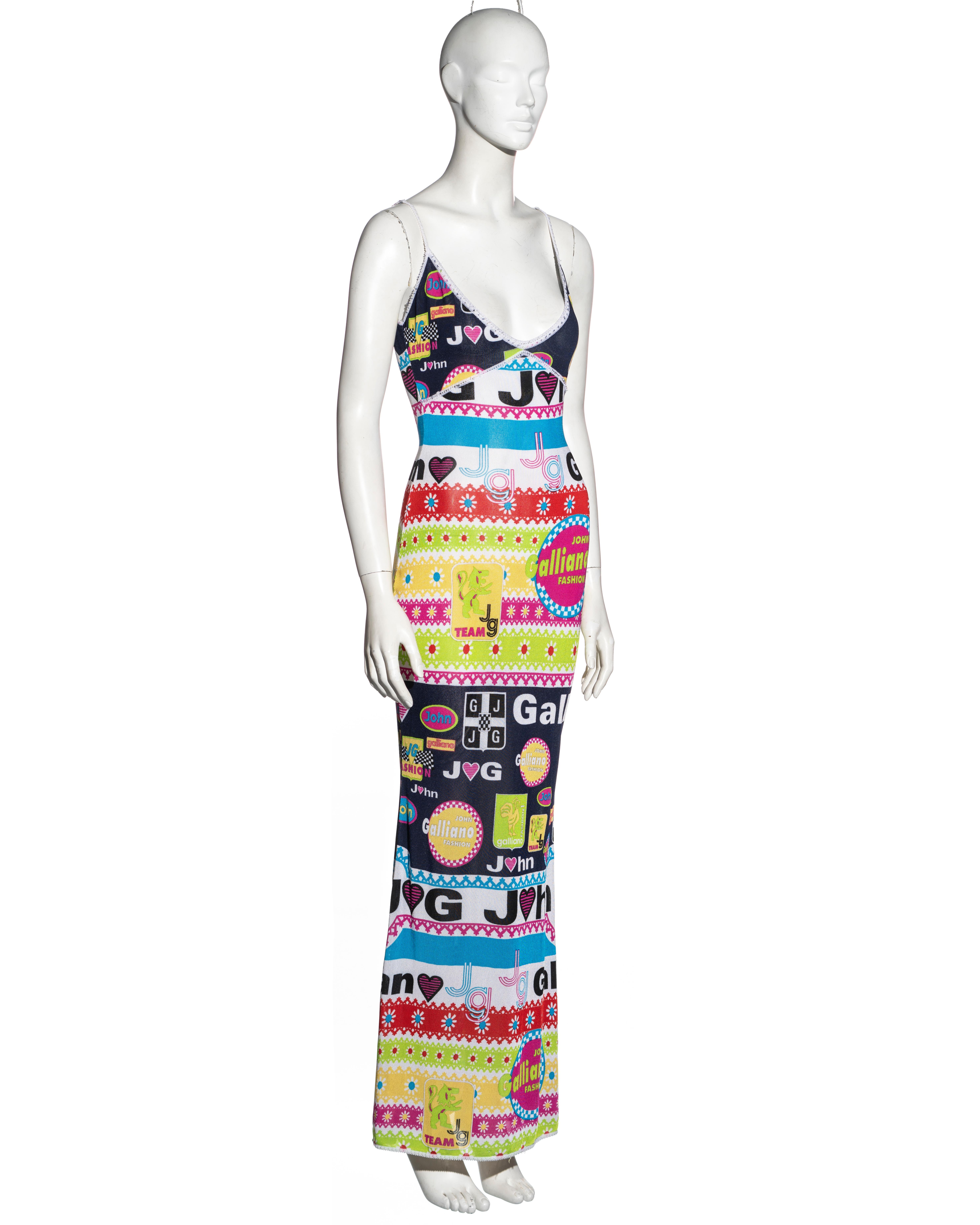 Women's John Galliano multicoloured viscose knit logo print maxi dress, ss 2002 For Sale
