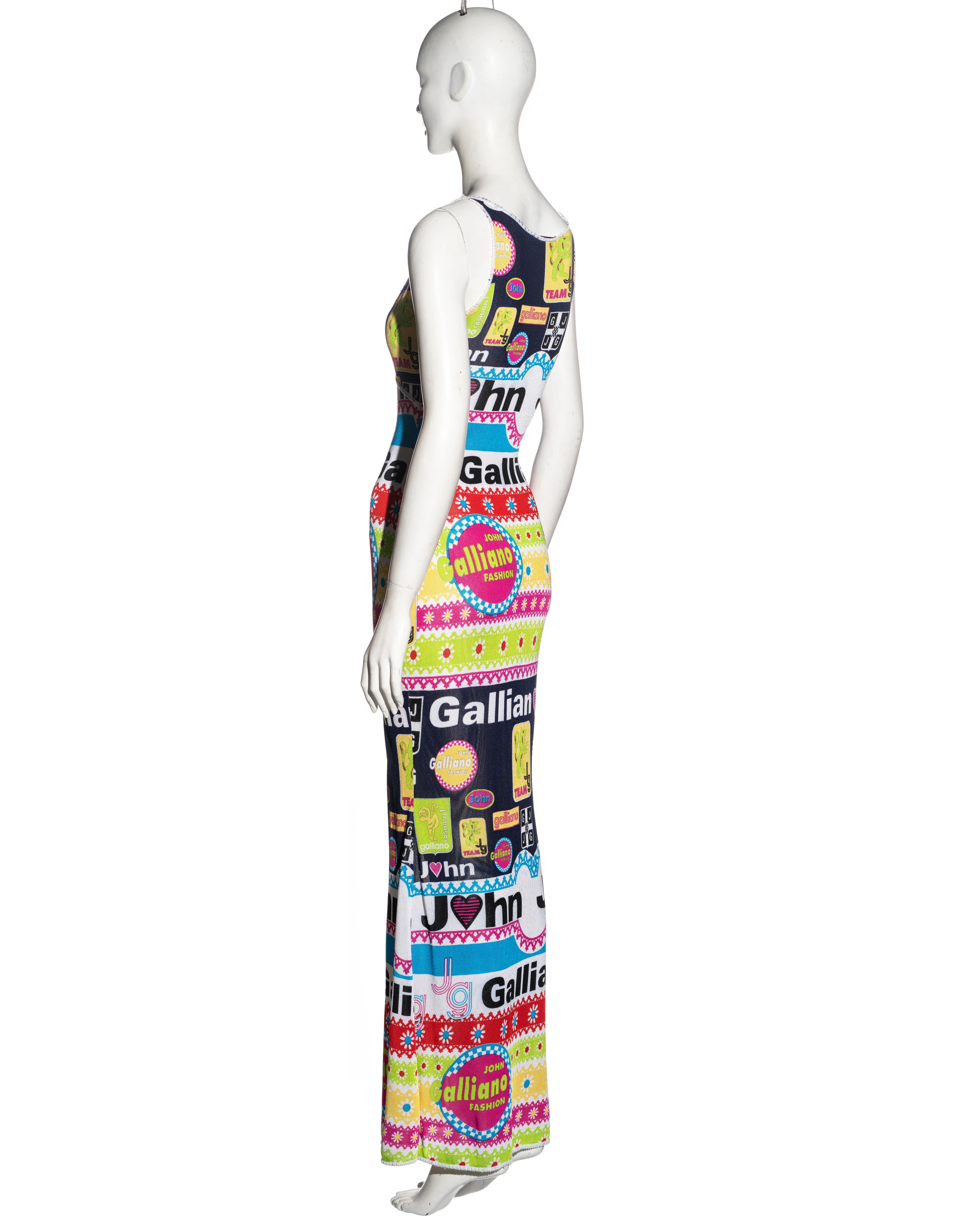 John Galliano multicoloured viscose knit logo print maxi dress, ss 2002 For Sale 1