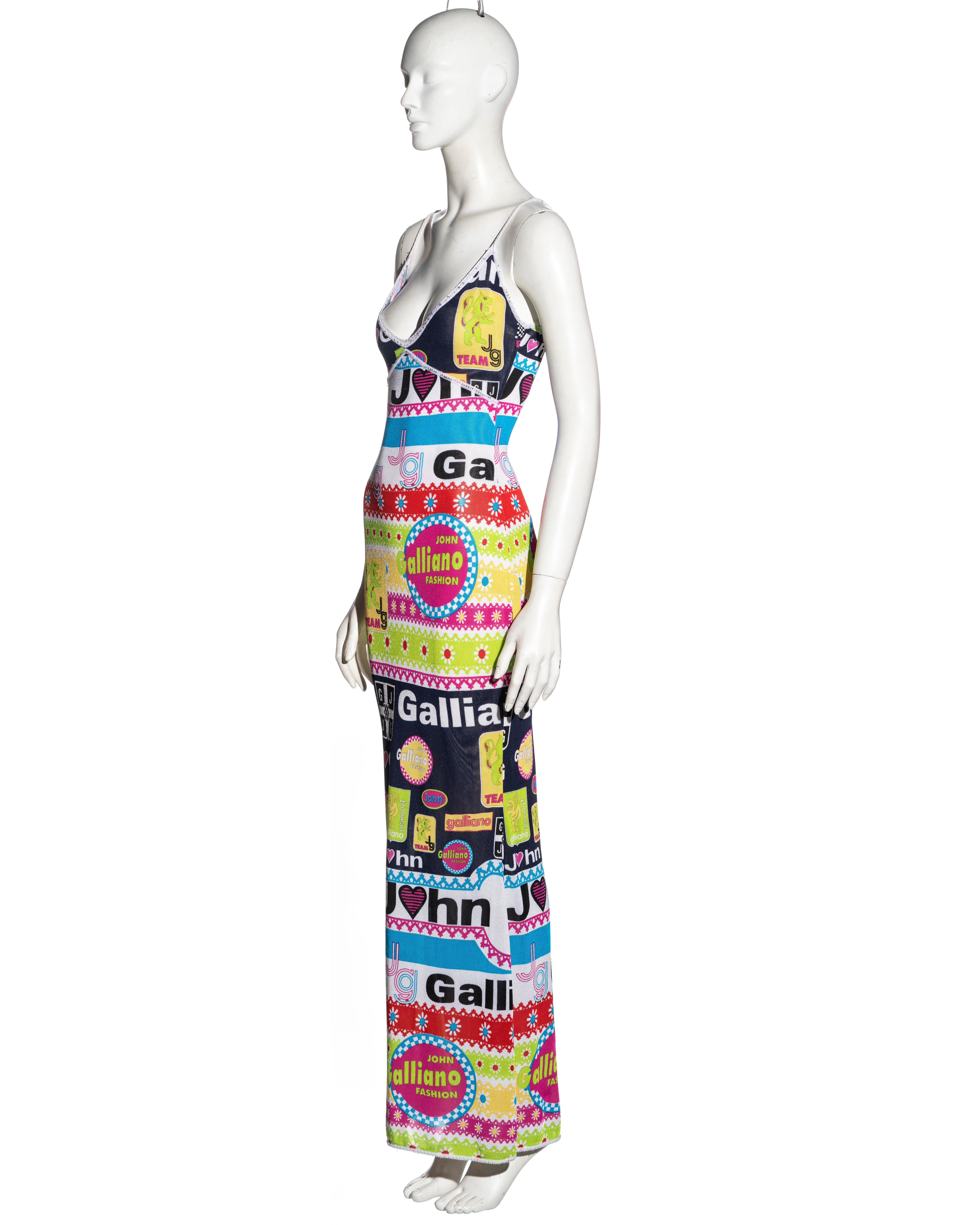 John Galliano multicoloured viscose knit logo print maxi dress, ss 2002 For Sale 2