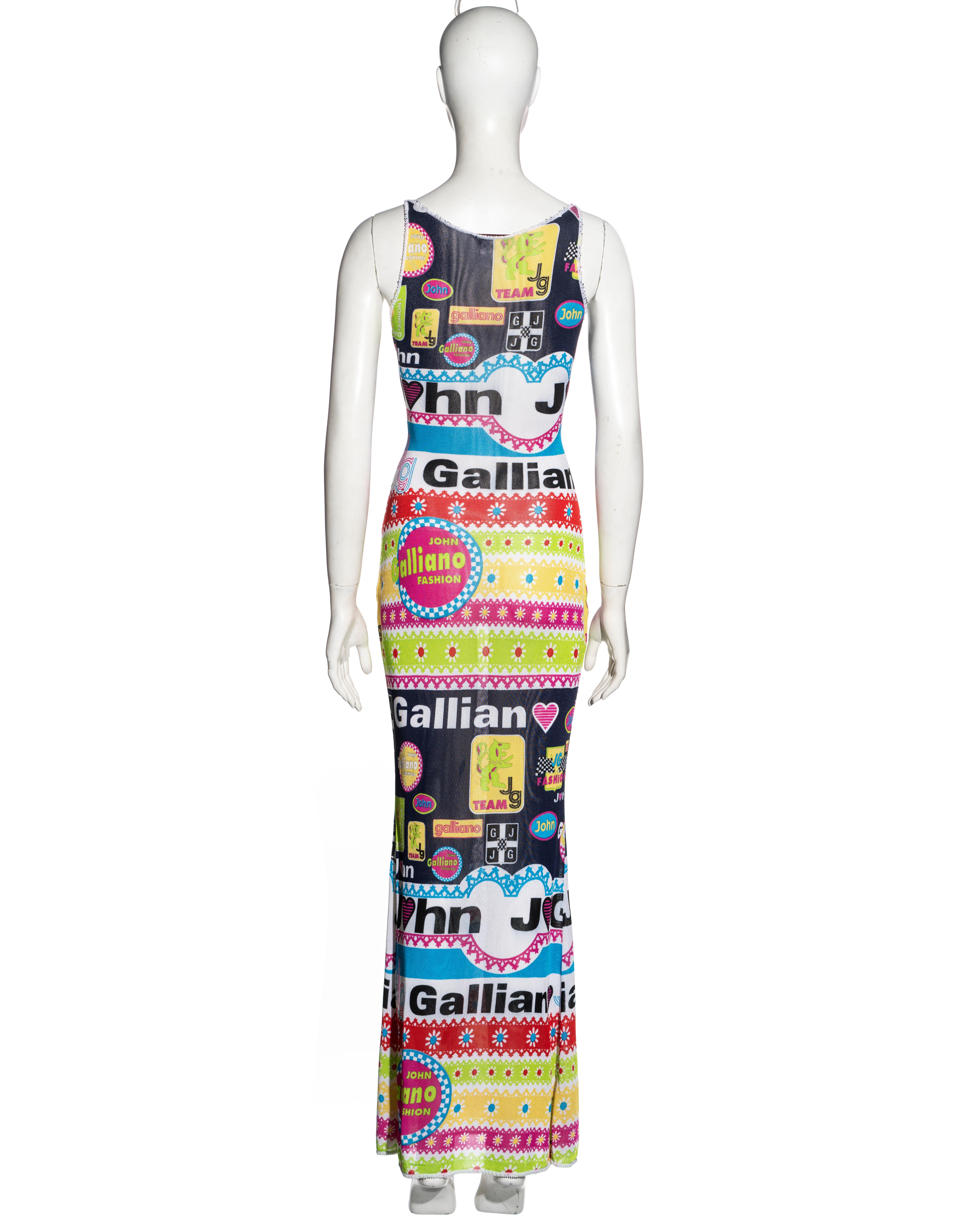 John Galliano multicoloured viscose knit logo print maxi dress, ss 2002 For Sale 4