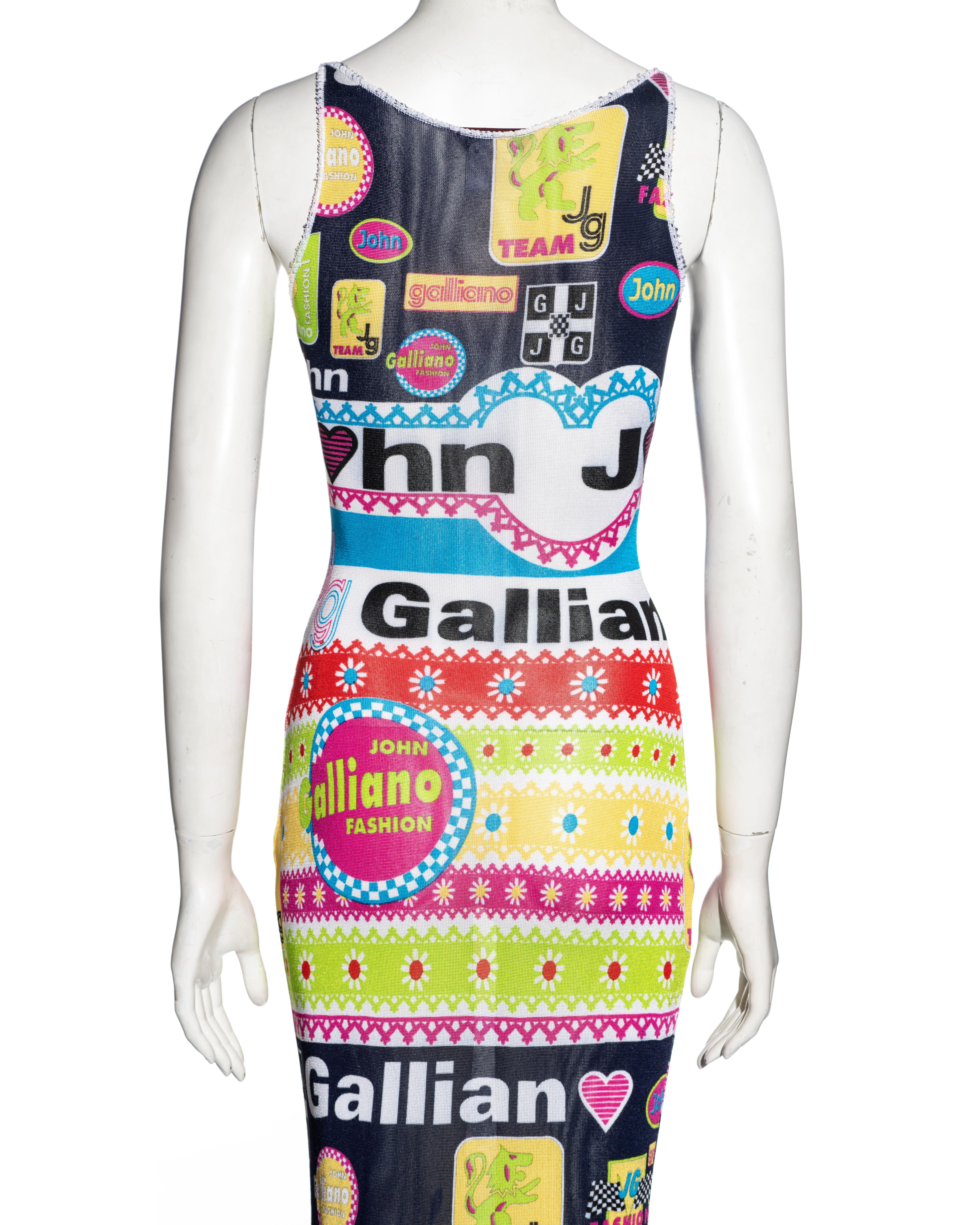 John Galliano multicoloured viscose knit logo print maxi dress, ss 2002 For Sale 5