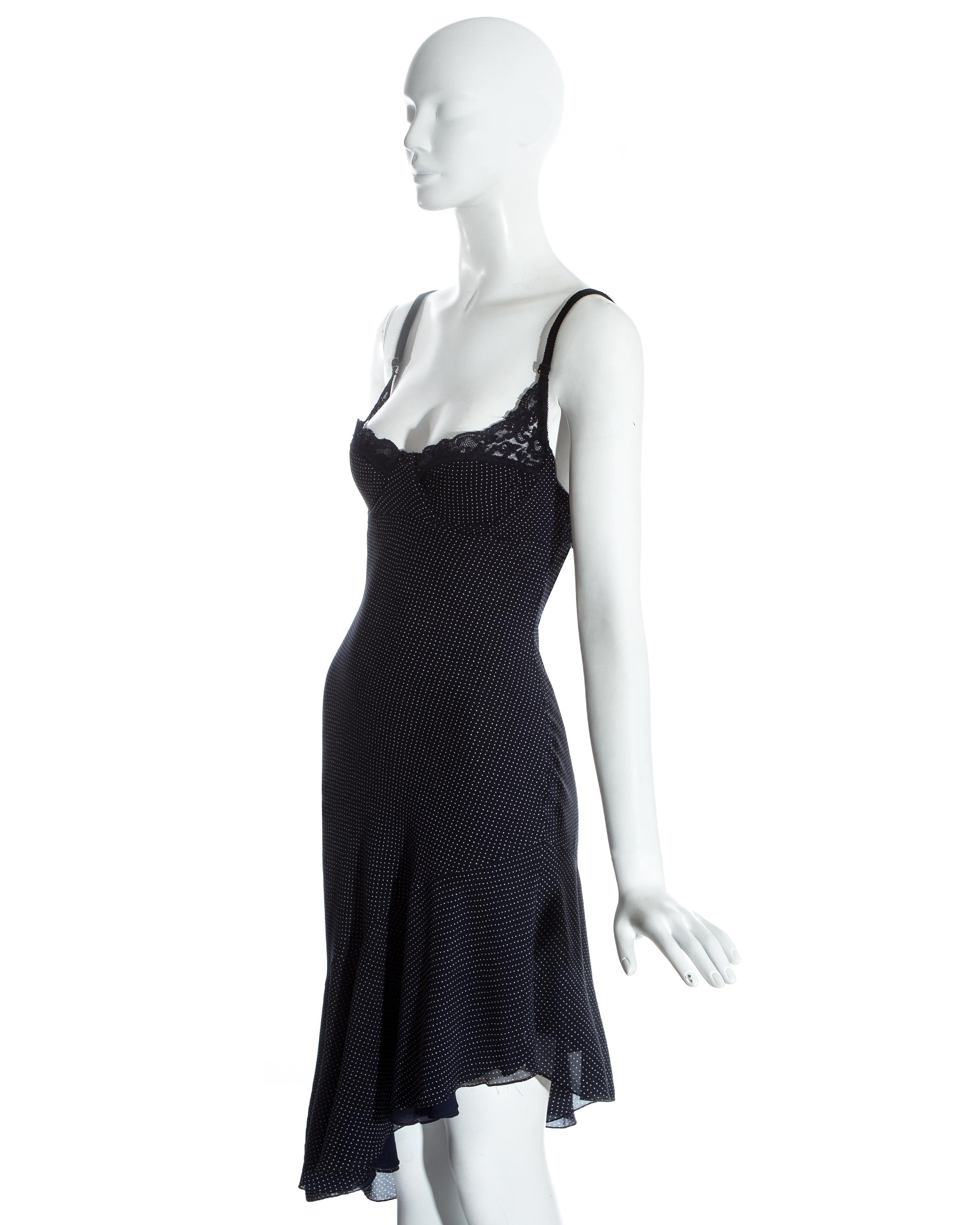 Black John Galliano navy blue silk and lace bias cut slip dress, ss 1997