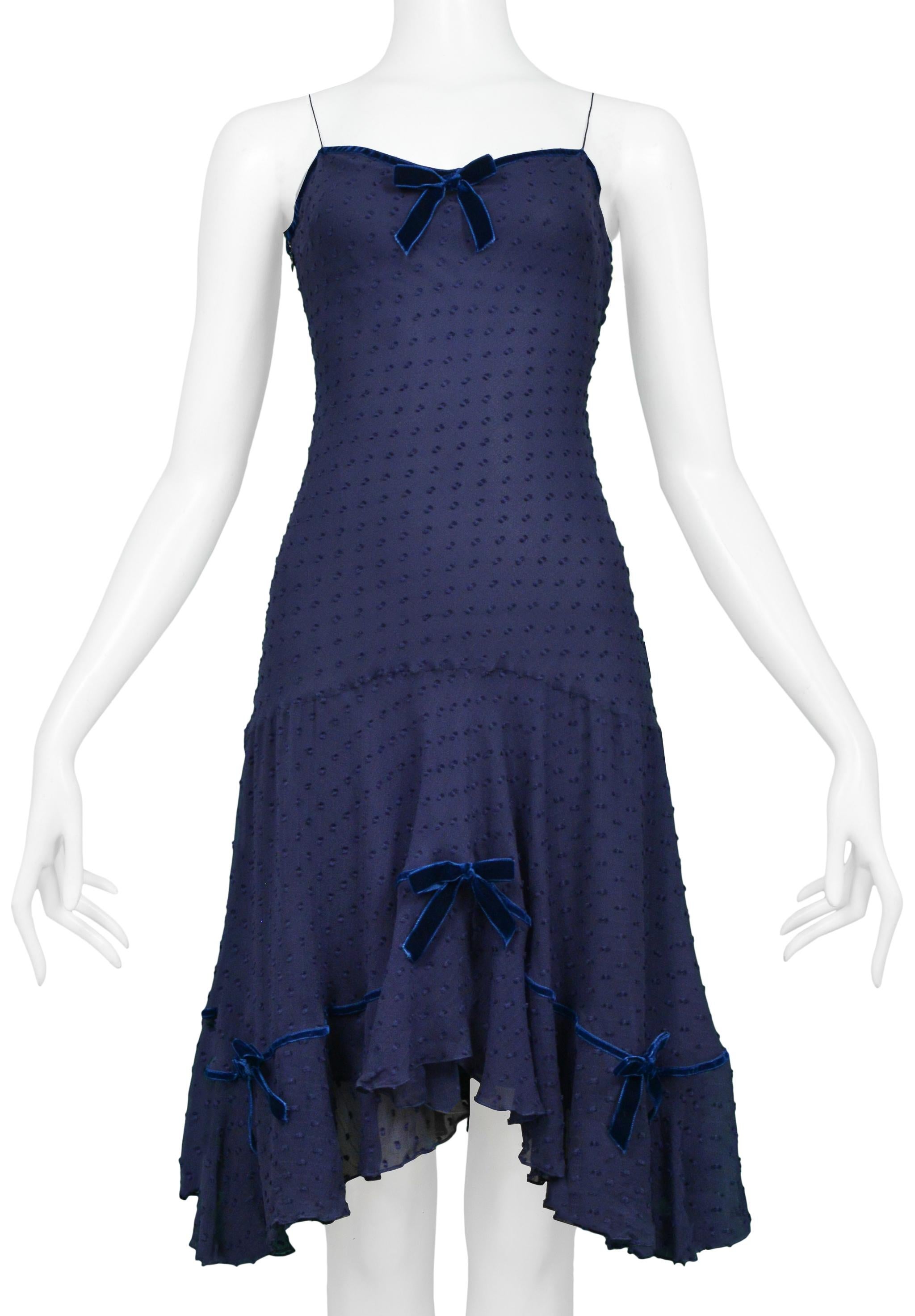 Black John Galliano Navy Blue Swiss Dot Silk Slip Dress With Blue Velvet Bows For Sale