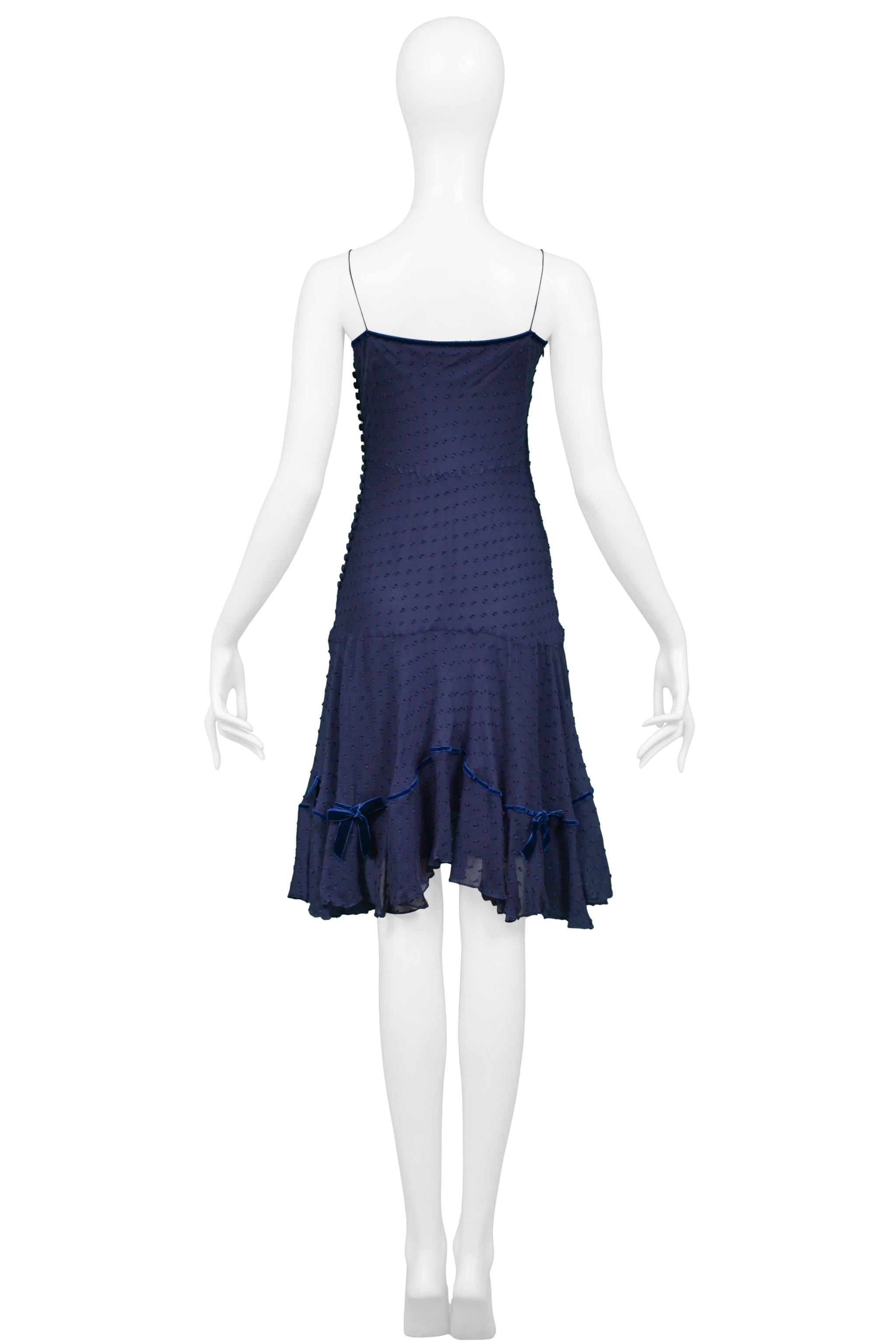 Women's John Galliano Navy Blue Swiss Dot Silk Slip Dress With Blue Velvet Bows For Sale