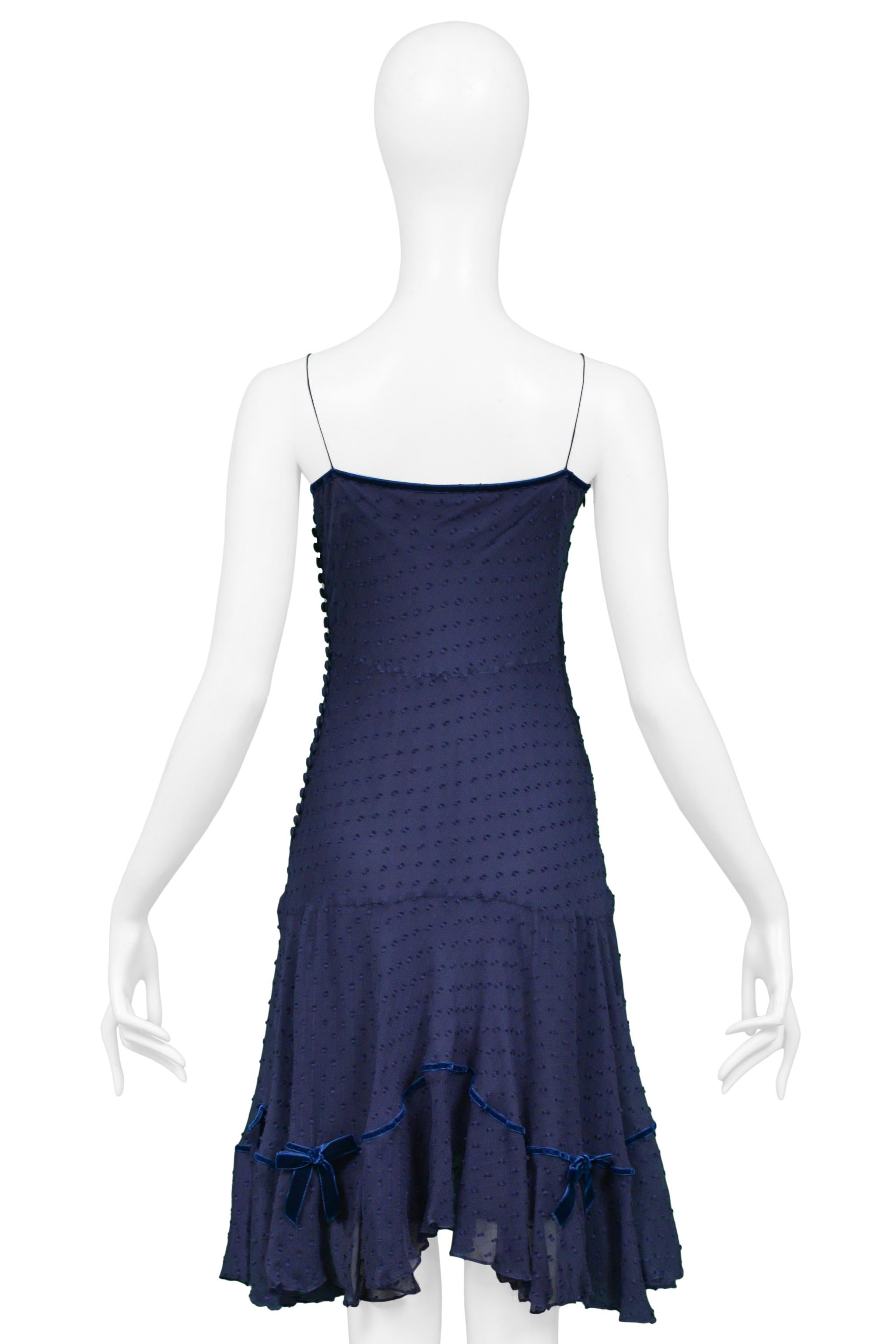 John Galliano Navy Blue Swiss Dot Silk Slip Dress With Blue Velvet Bows For Sale 1