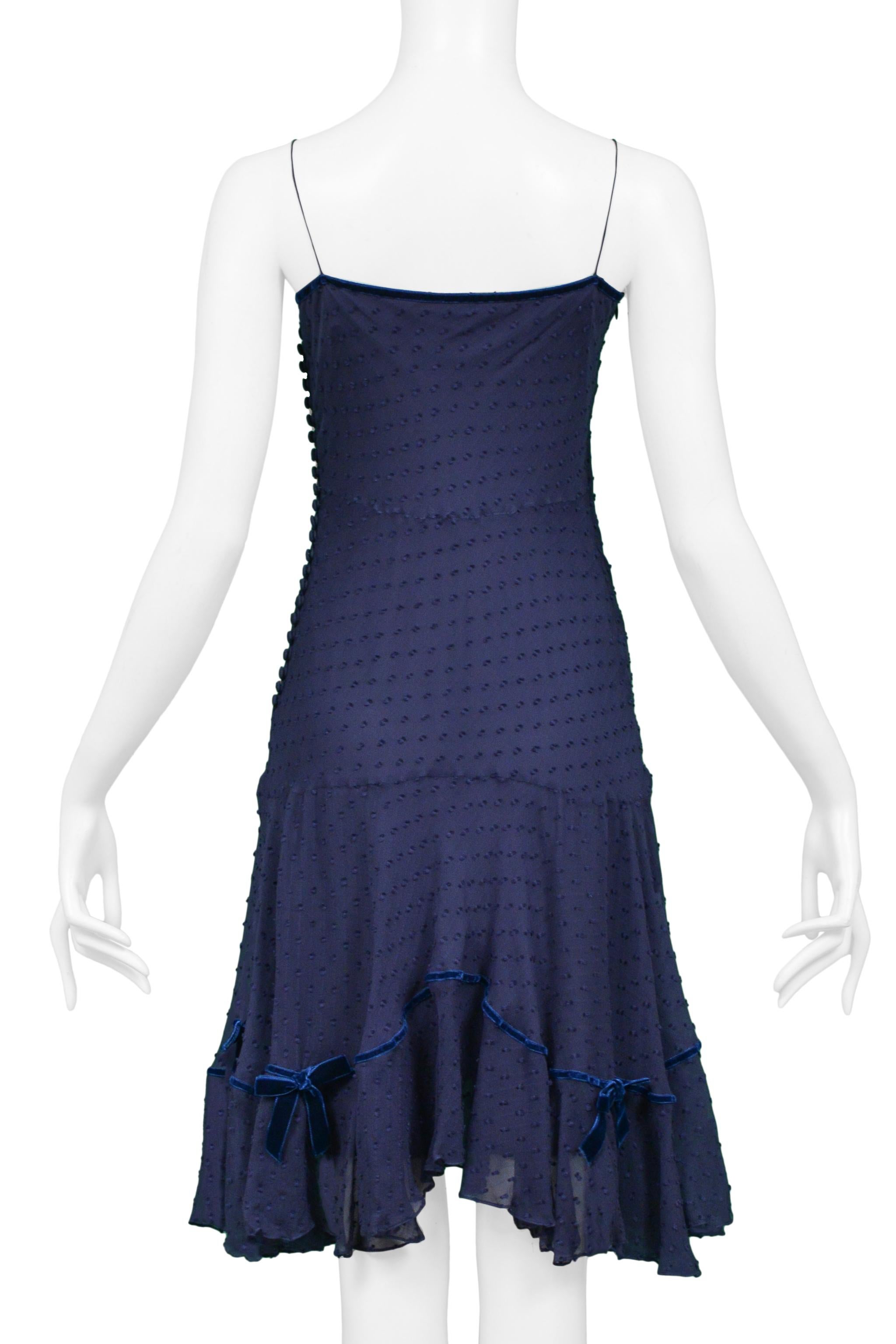 John Galliano Navy Blue Swiss Dot Silk Slip Dress With Blue Velvet Bows For Sale 2