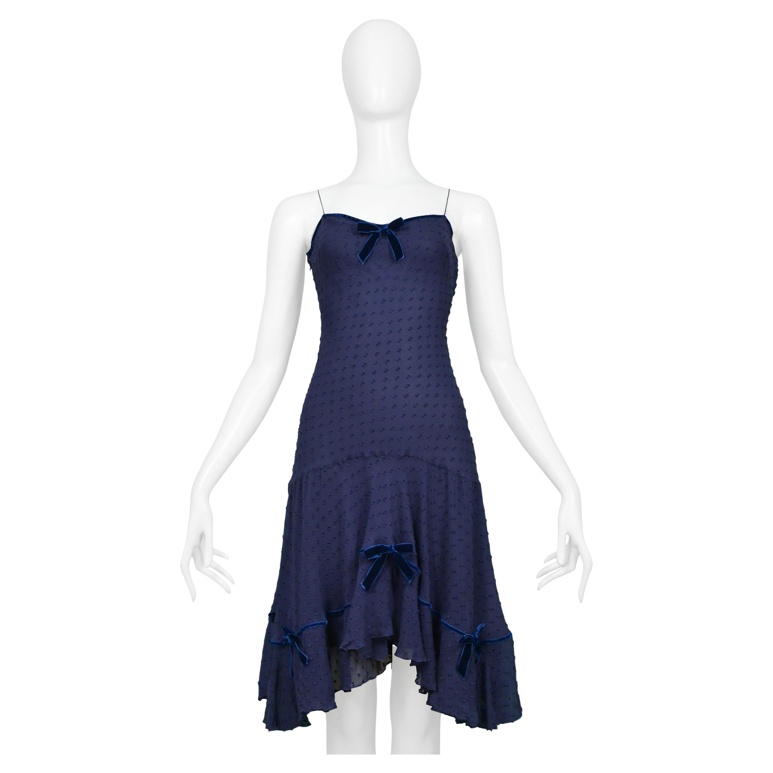 John Galliano Navy Blue Swiss Dot Silk Slip Dress With Blue Velvet Bows For Sale