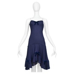 Vintage John Galliano Navy Blue Swiss Dot Silk Slip Dress With Blue Velvet Bows