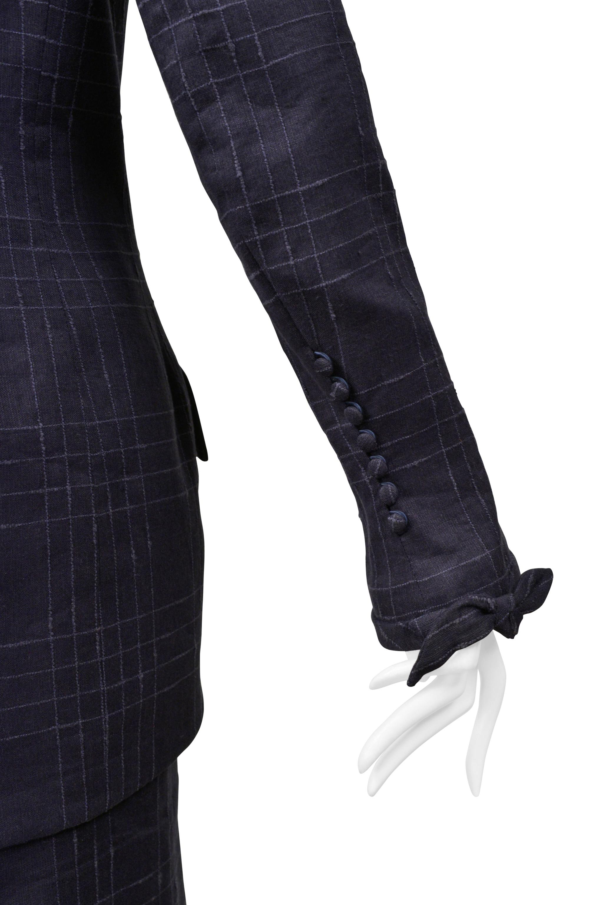 Black John Galliano Navy Blue Windowpane Plaid Skirt Suit 1999 For Sale
