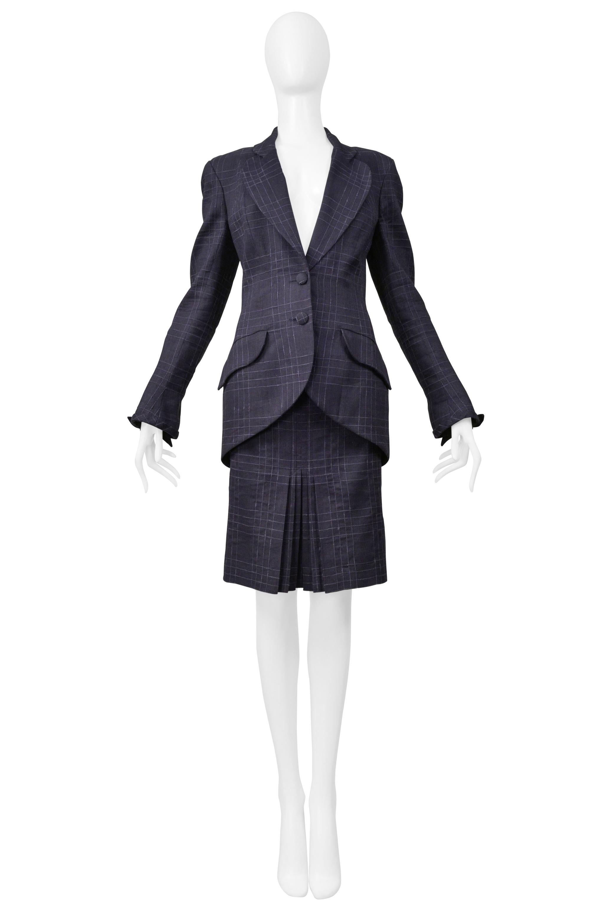 John Galliano Navy Blue Windowpane Plaid Skirt Suit 1999 In Excellent Condition For Sale In Los Angeles, CA