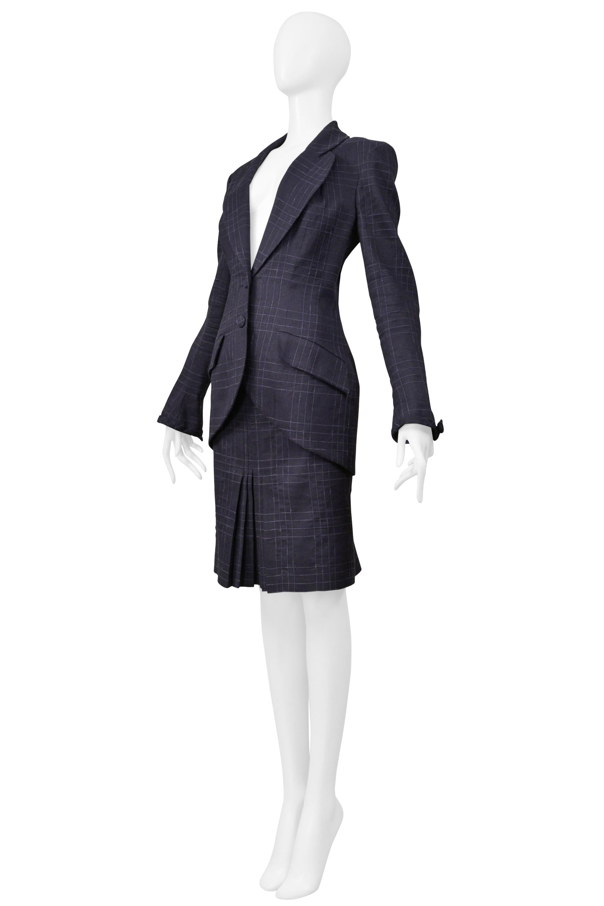 Women's John Galliano Navy Blue Windowpane Plaid Skirt Suit 1999 For Sale