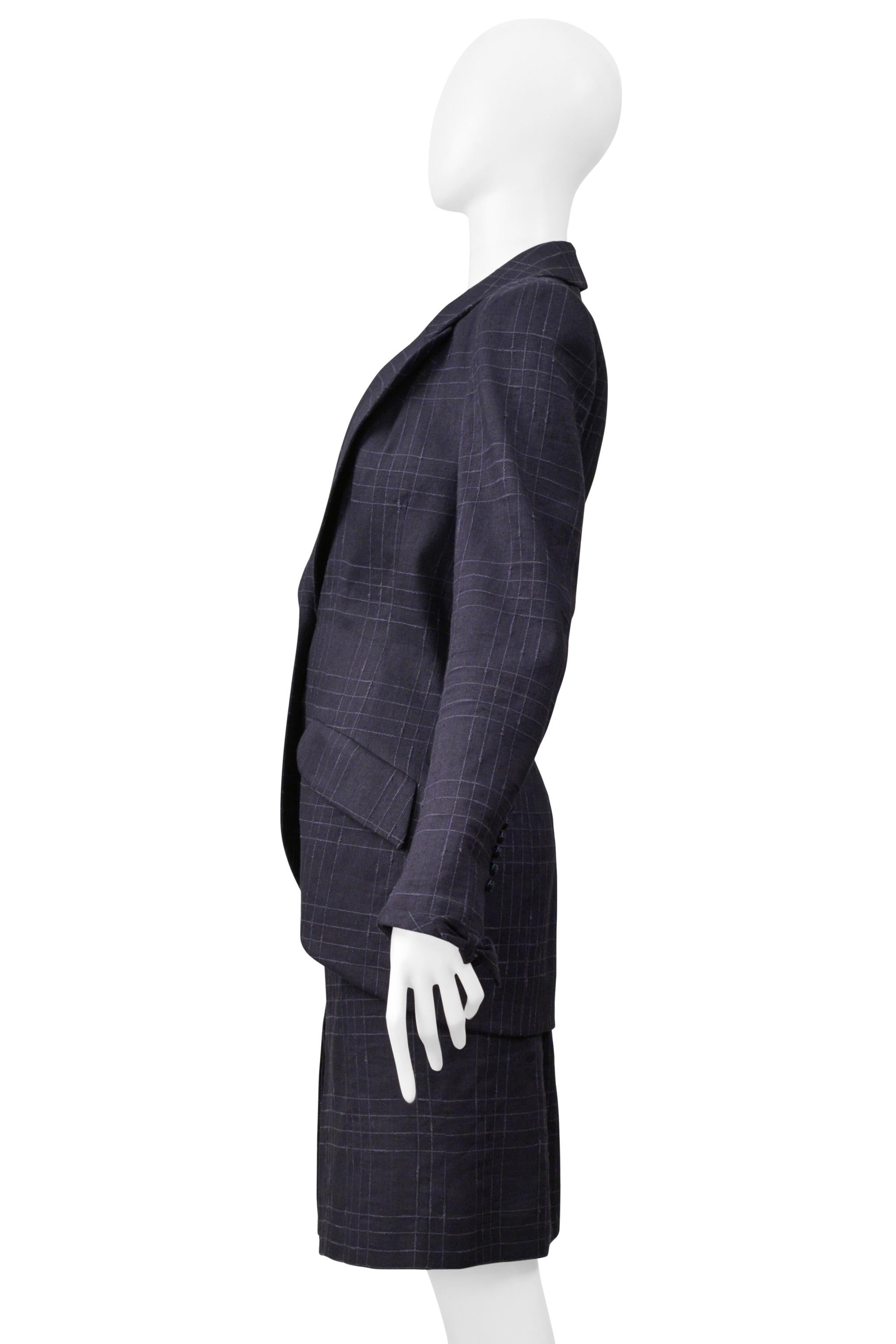 John Galliano Navy Blue Windowpane Plaid Skirt Suit 1999 For Sale 1