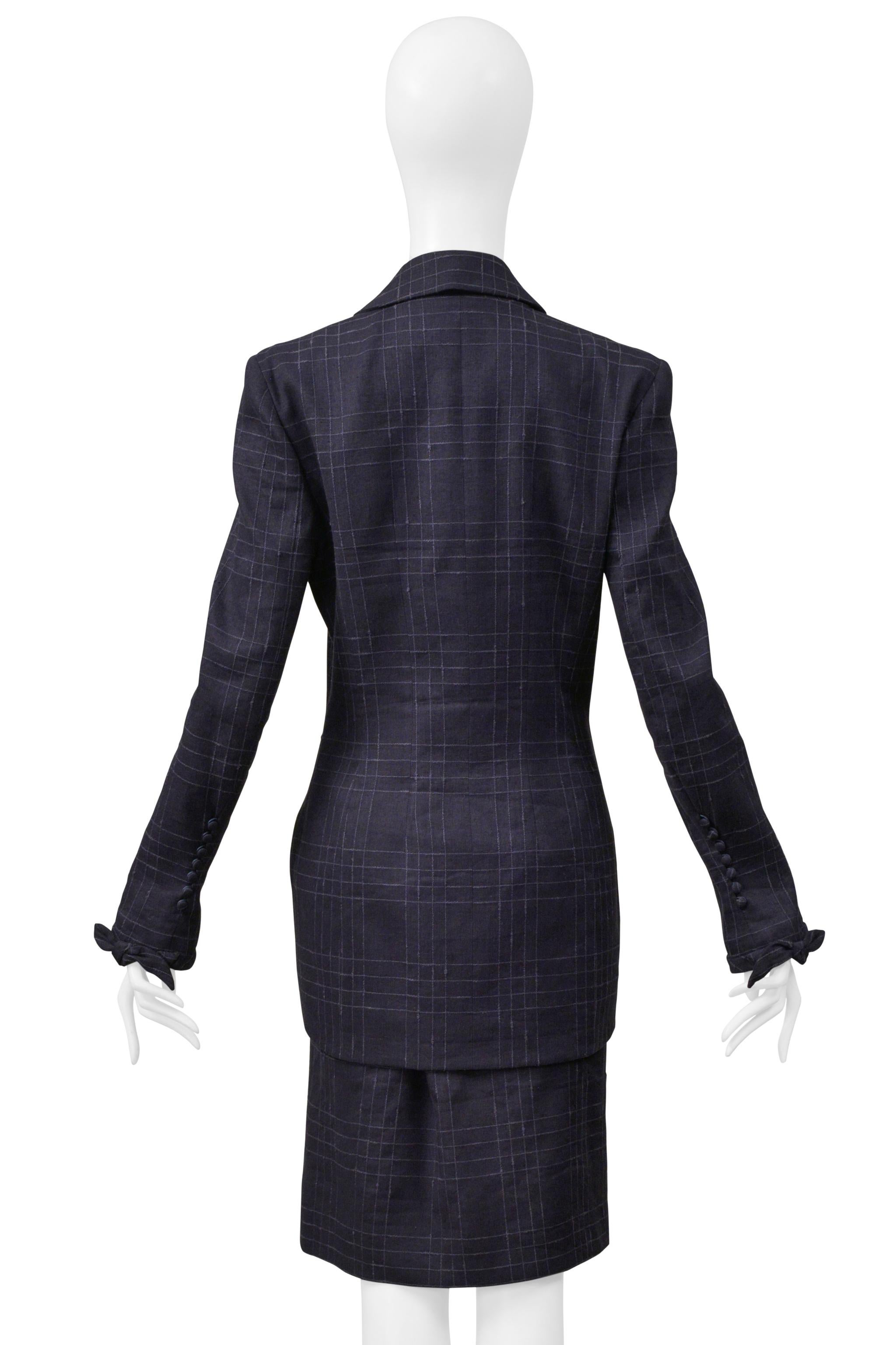 John Galliano Navy Blue Windowpane Plaid Skirt Suit 1999 For Sale 2