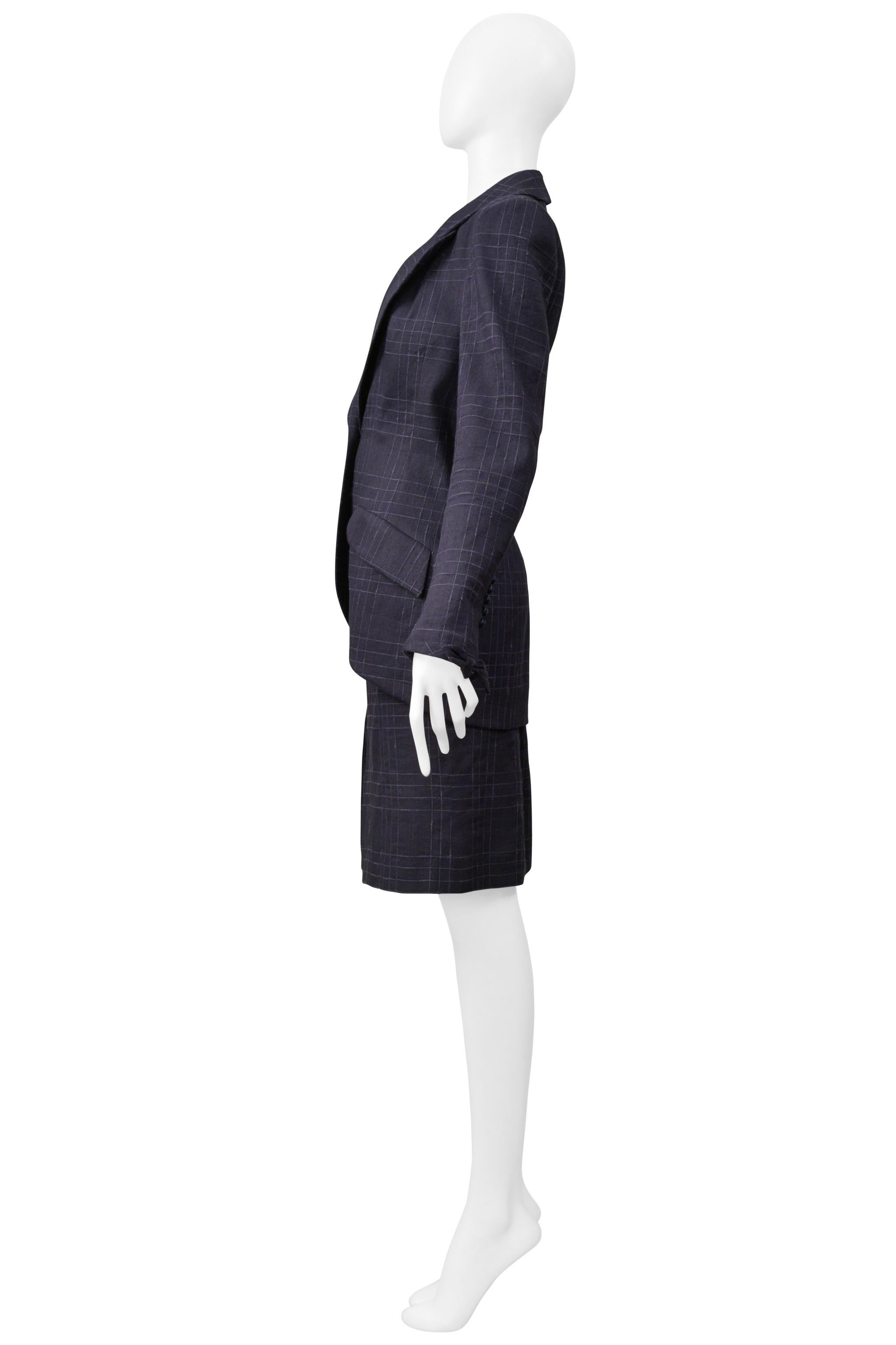 John Galliano Navy Blue Windowpane Plaid Skirt Suit 1999 For Sale 3