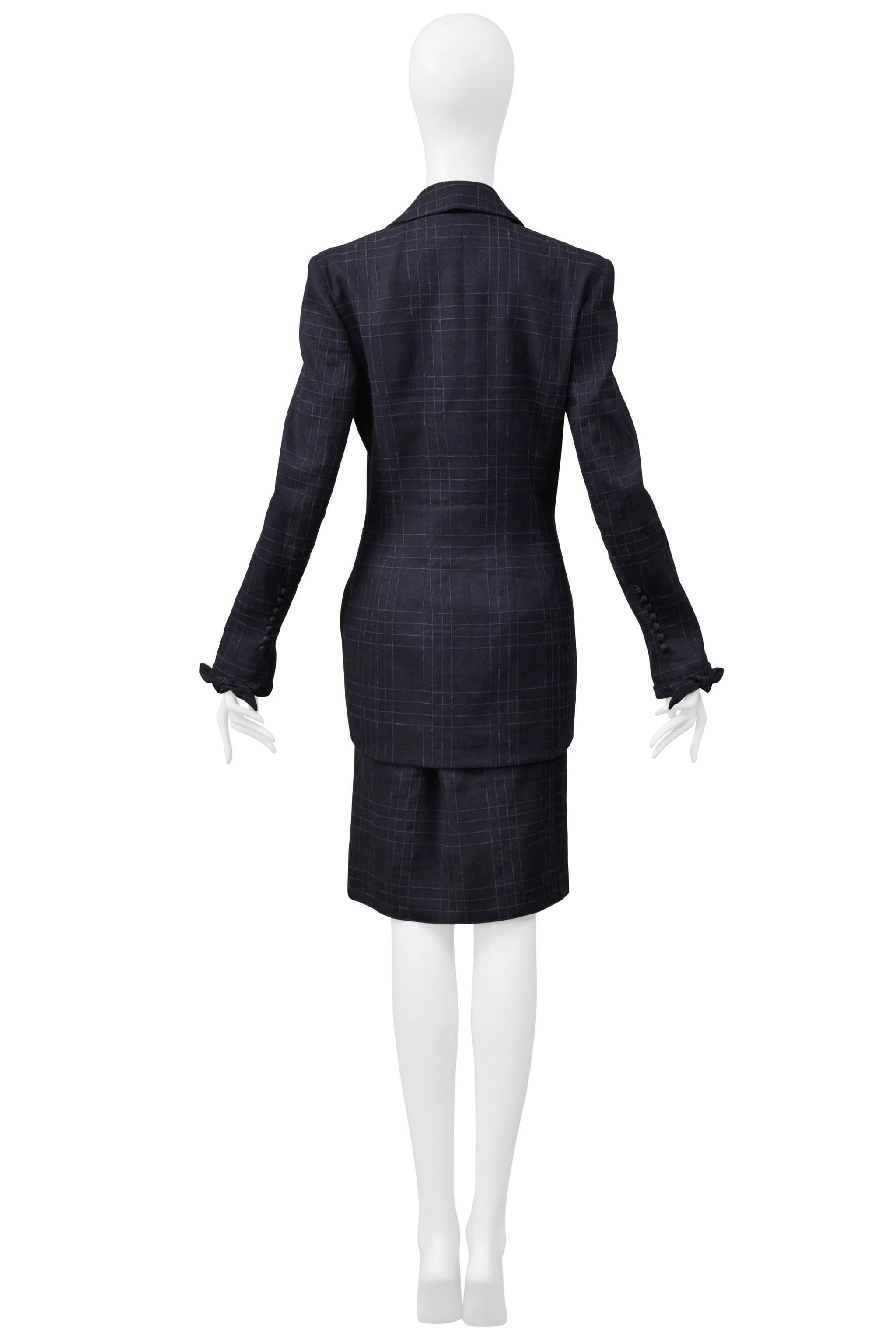 John Galliano Navy Blue Windowpane Plaid Skirt Suit 1999 For Sale 4