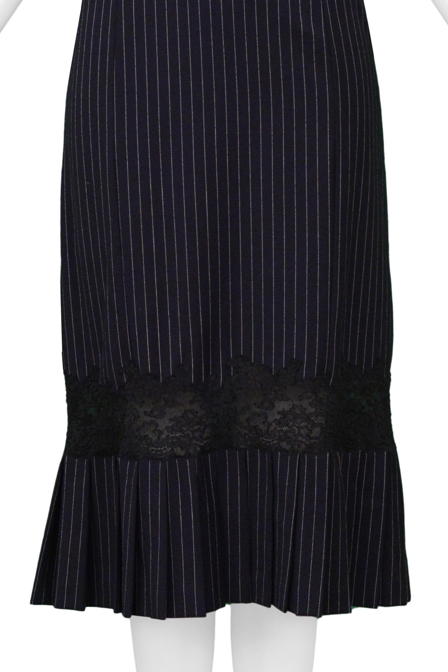 Black John Galliano Navy Pinstripe Dress With Lace Inset For Sale