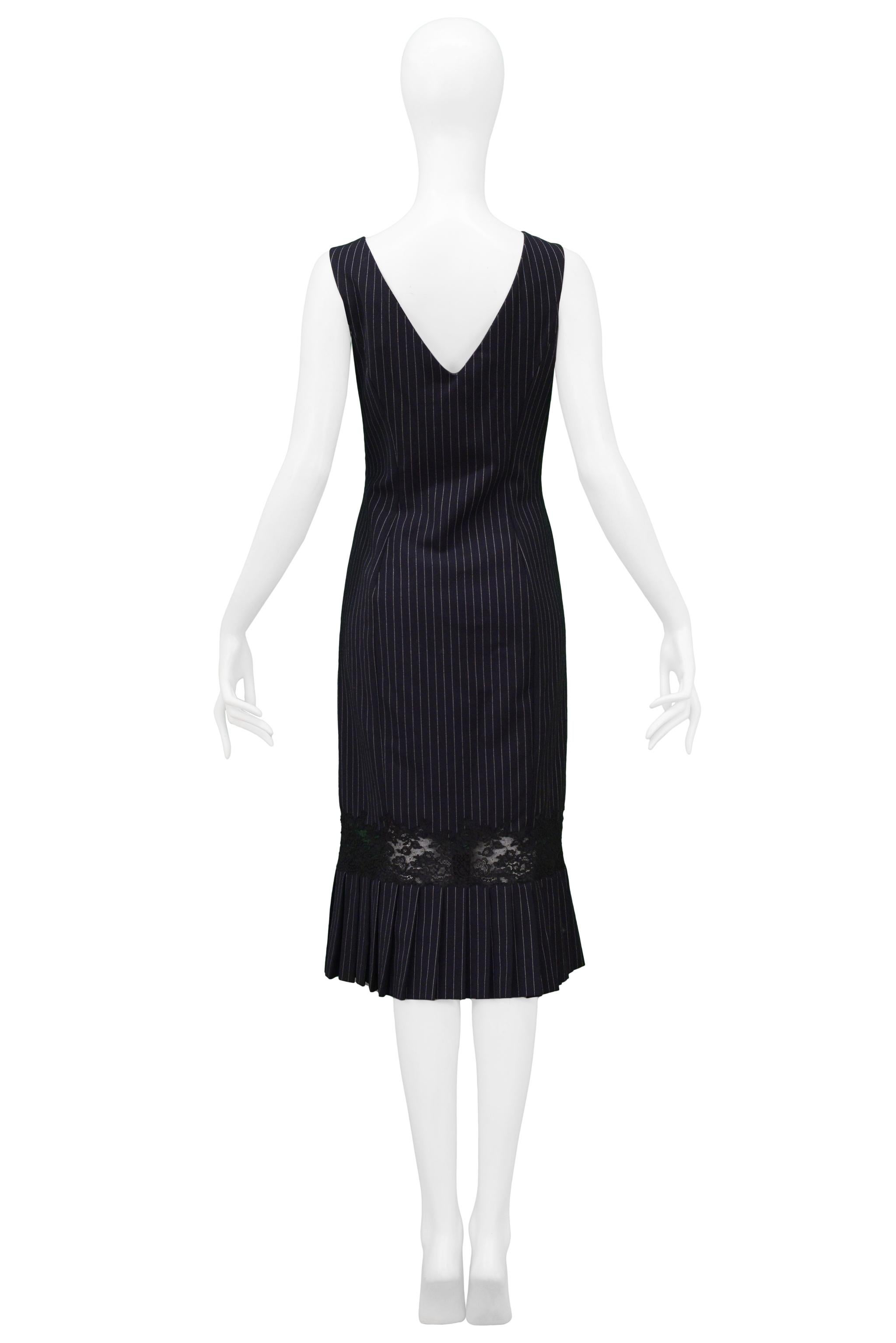 John Galliano Navy Pinstripe Dress With Lace Inset In Excellent Condition For Sale In Los Angeles, CA
