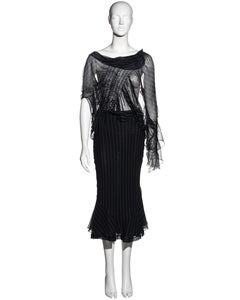 John Galliano navy pinstripe silk shirred blouse and fishtail skirt set, ss 2002