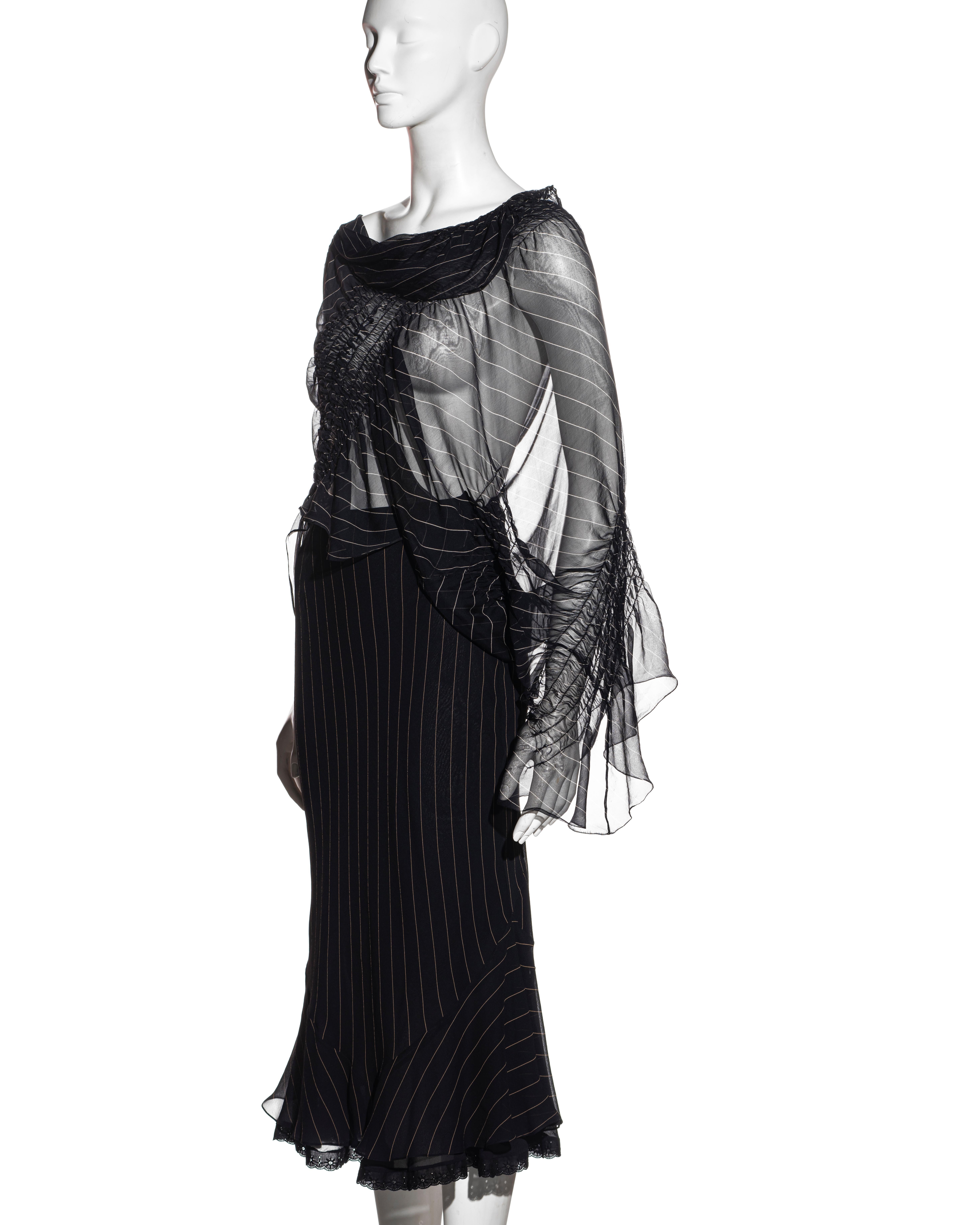 Black John Galliano navy pinstripe silk shirred blouse and fishtail skirt set, ss 2002 For Sale