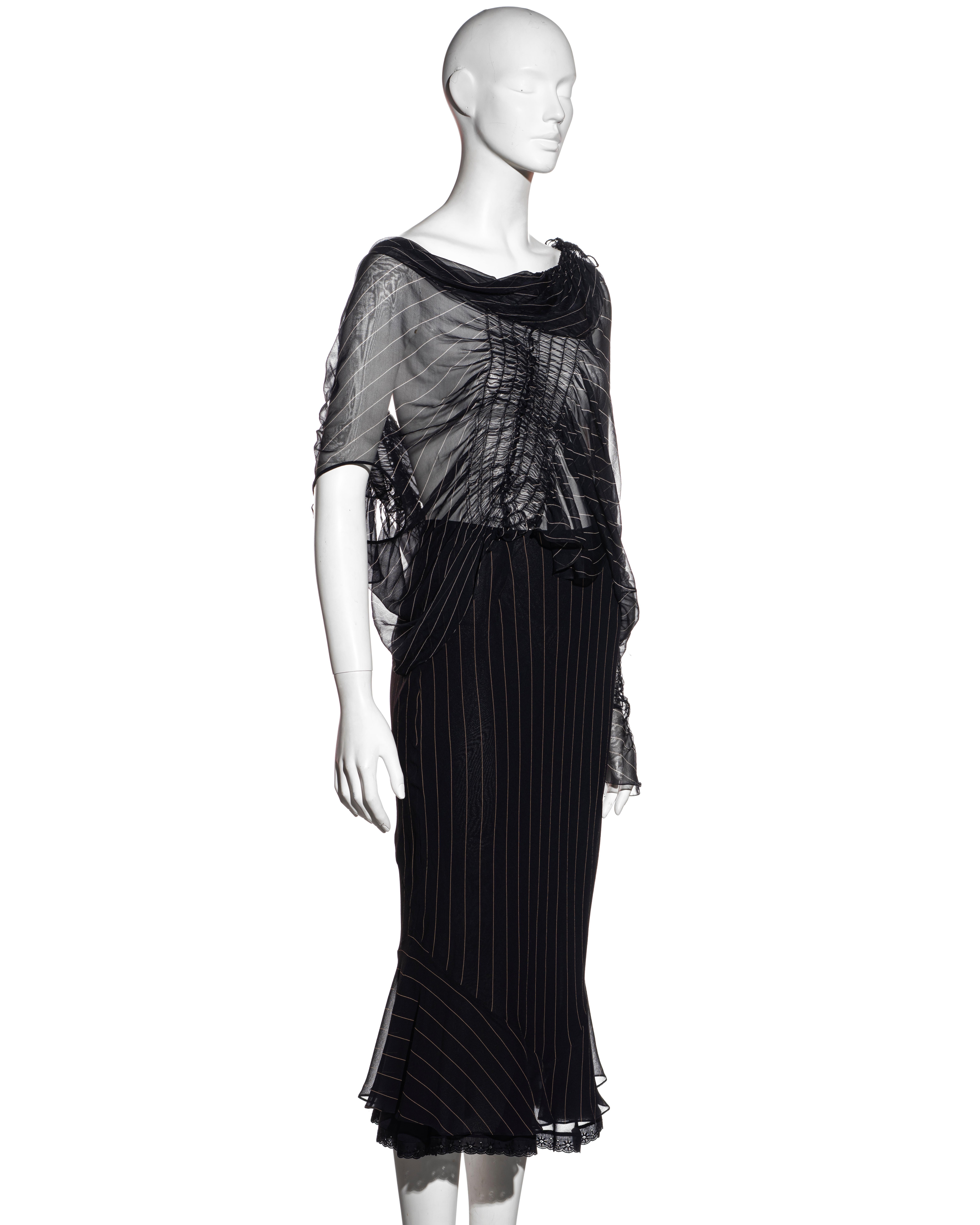 John Galliano navy pinstripe silk shirred blouse and fishtail skirt set, ss 2002 For Sale 2