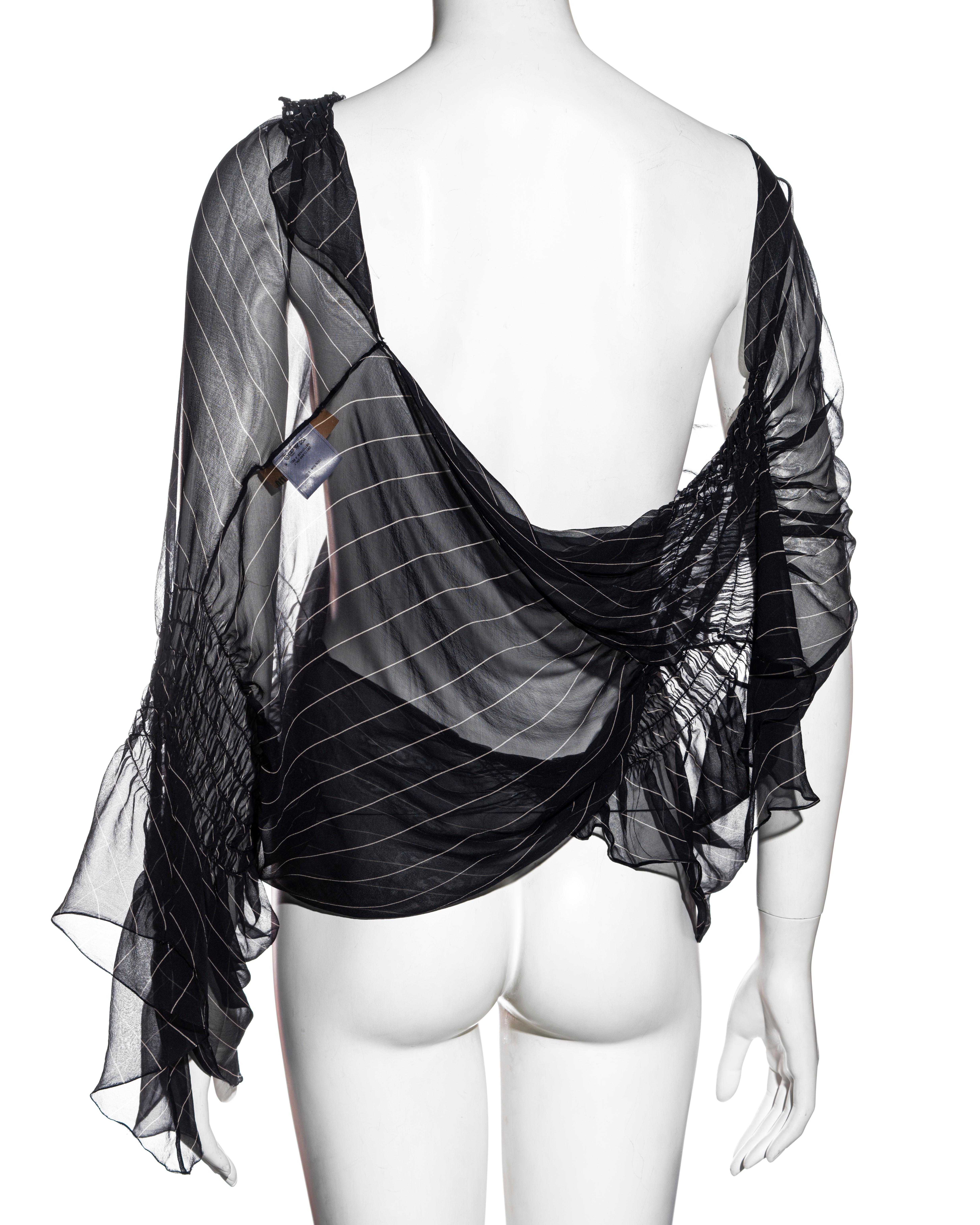 John Galliano navy pinstripe silk shirred blouse and fishtail skirt set, ss 2002 For Sale 3