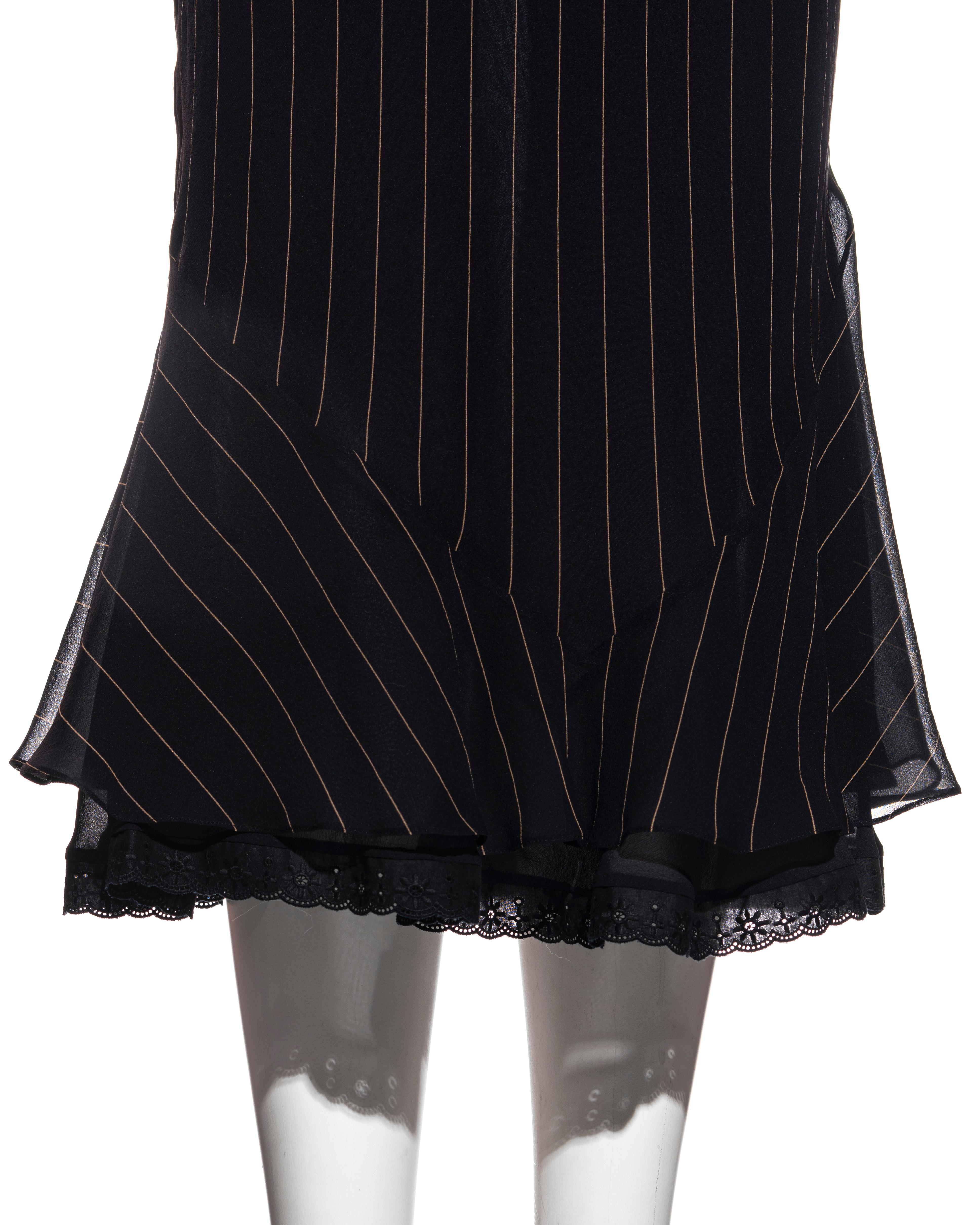 John Galliano navy pinstripe silk shirred blouse and fishtail skirt set, ss 2002 For Sale 4