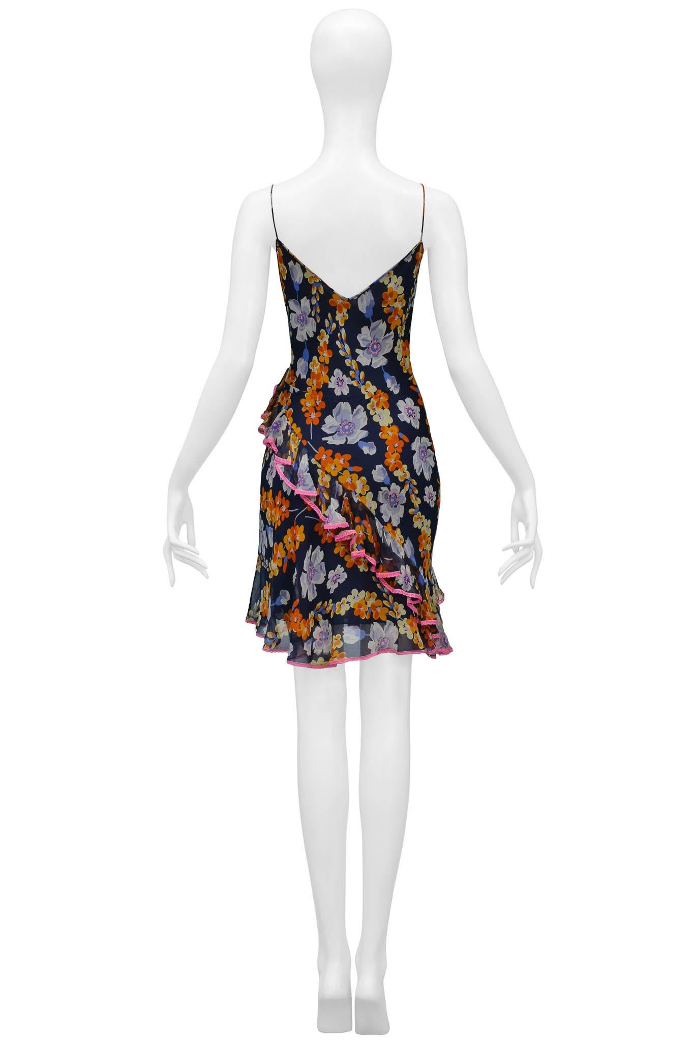 Brown John Galliano Navy Slip Dress With Floral Pattern & Pink Lace Trim For Sale