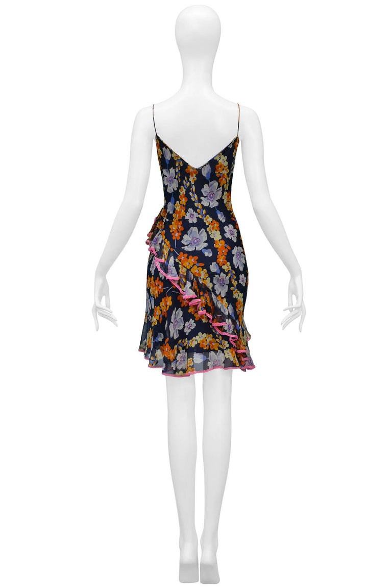 John Galliano Navy Slip Dress With Floral Pattern and Pink Lace Trim ...