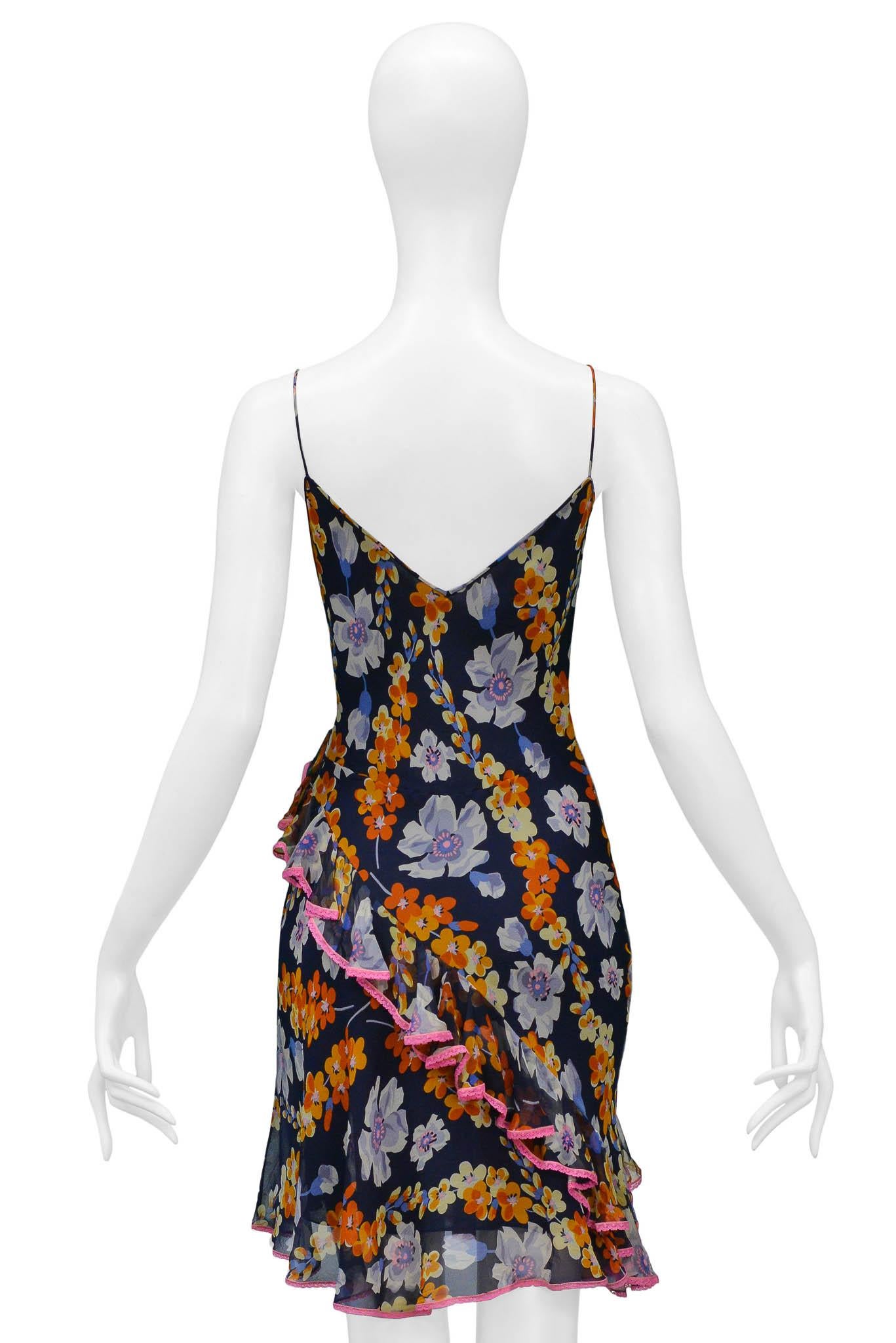 John Galliano Navy Slip Dress With Floral Pattern & Pink Lace Trim In Excellent Condition For Sale In Los Angeles, CA