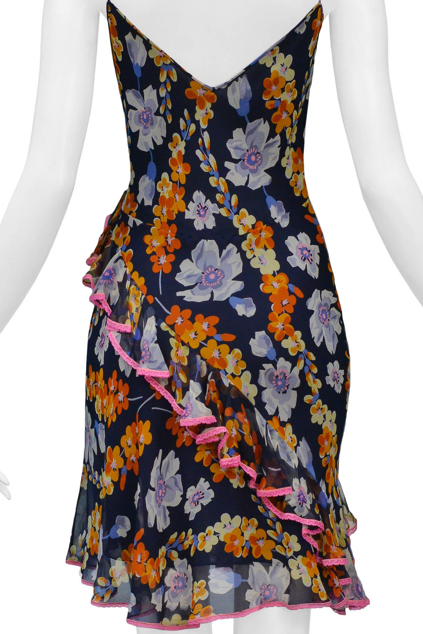 Women's John Galliano Navy Slip Dress With Floral Pattern & Pink Lace Trim For Sale