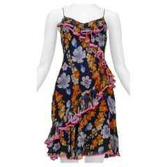 John Galliano Navy Slip Dress With Floral Pattern & Pink Lace Trim