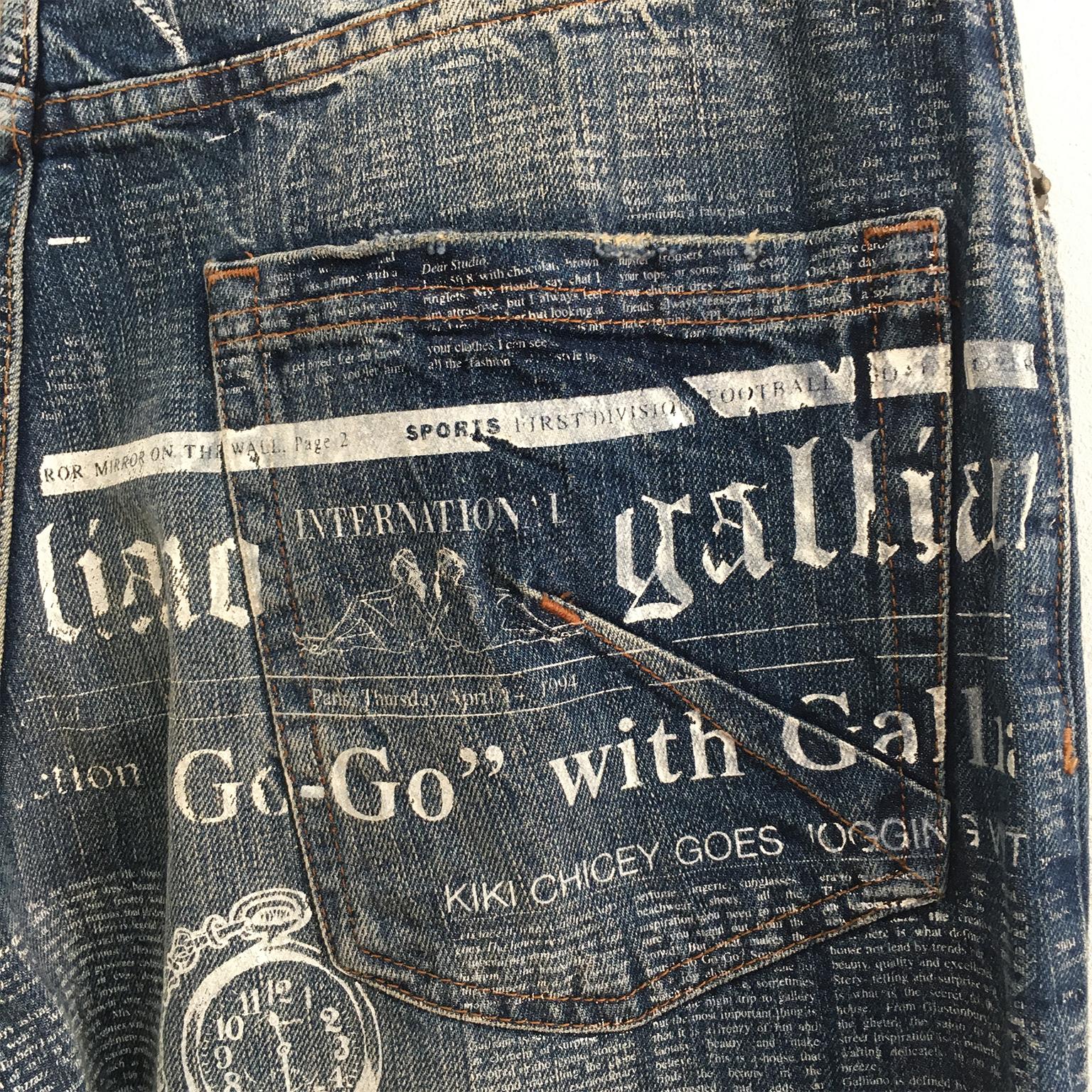 John Galliano Newspaper Print Indigo Jeans Denim Pants For Sale 1