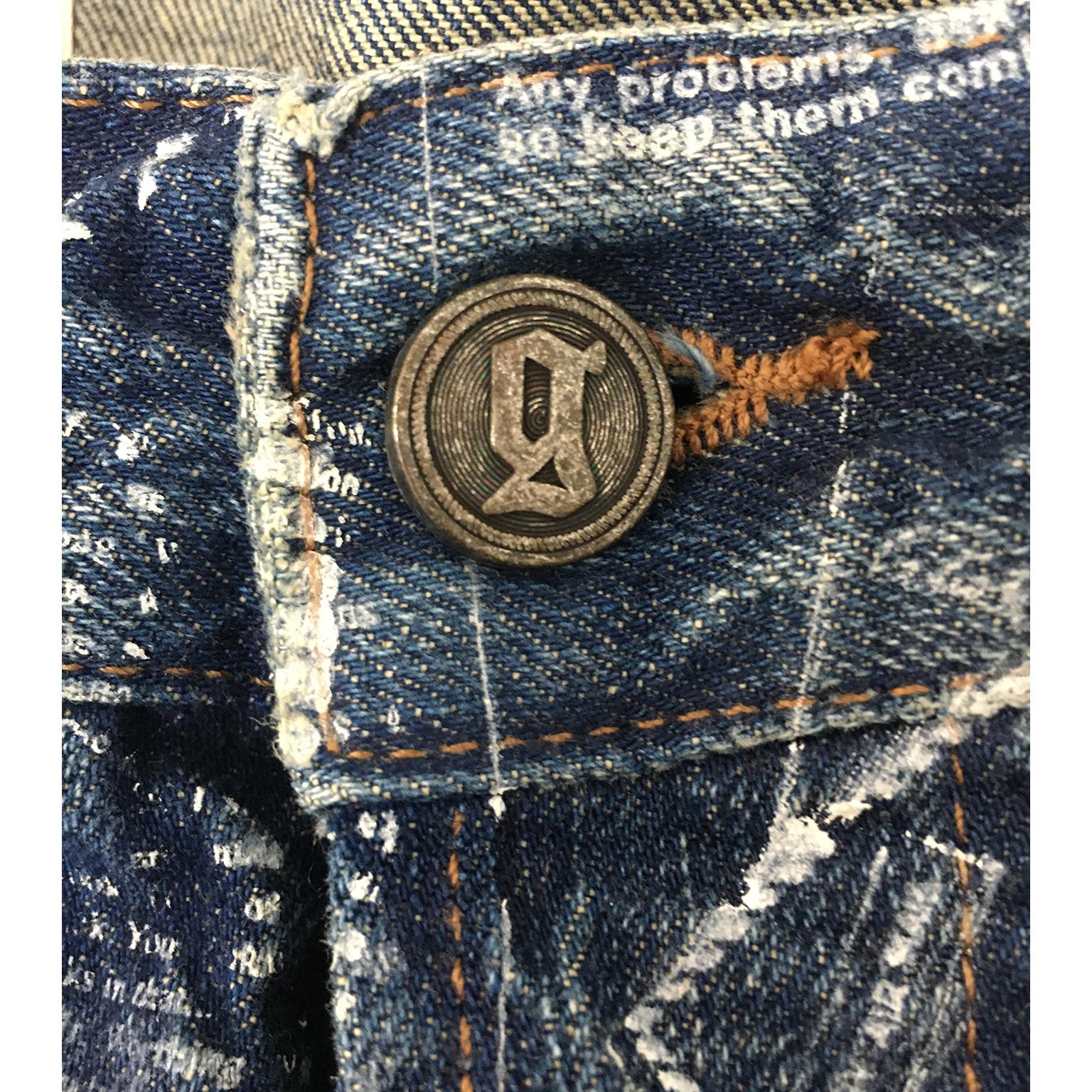 John Galliano Newspaper Print Indigo Jeans Denim Pants For Sale 2