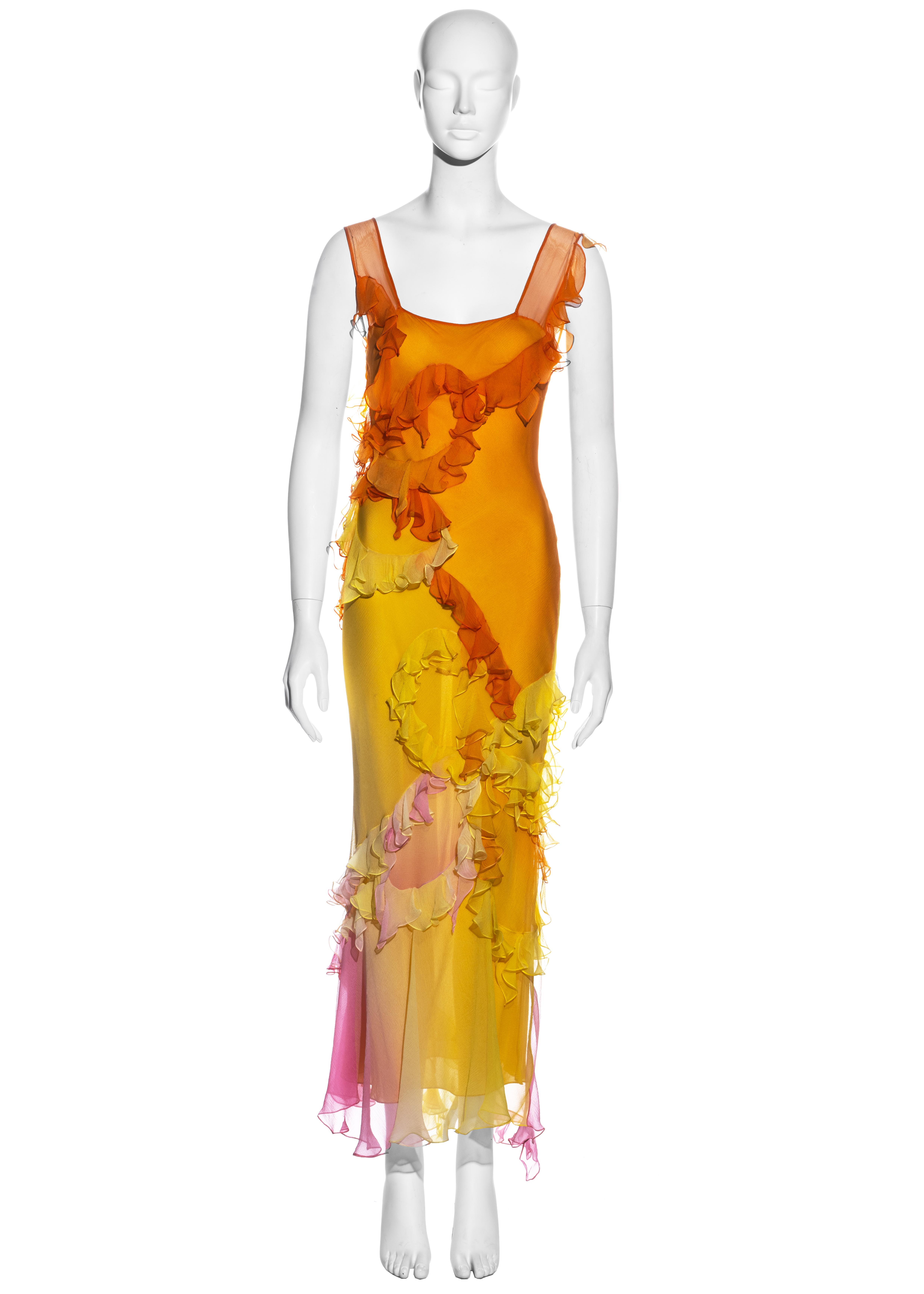 ▪ John Galliano ombré chiffon maxi dress
▪ 100% Silk
▪ Orange, yellow and pink 
▪ Ruffled trim details 
▪ FR 38 - UK 10 - US 4
▪ Spring-Summer 2005