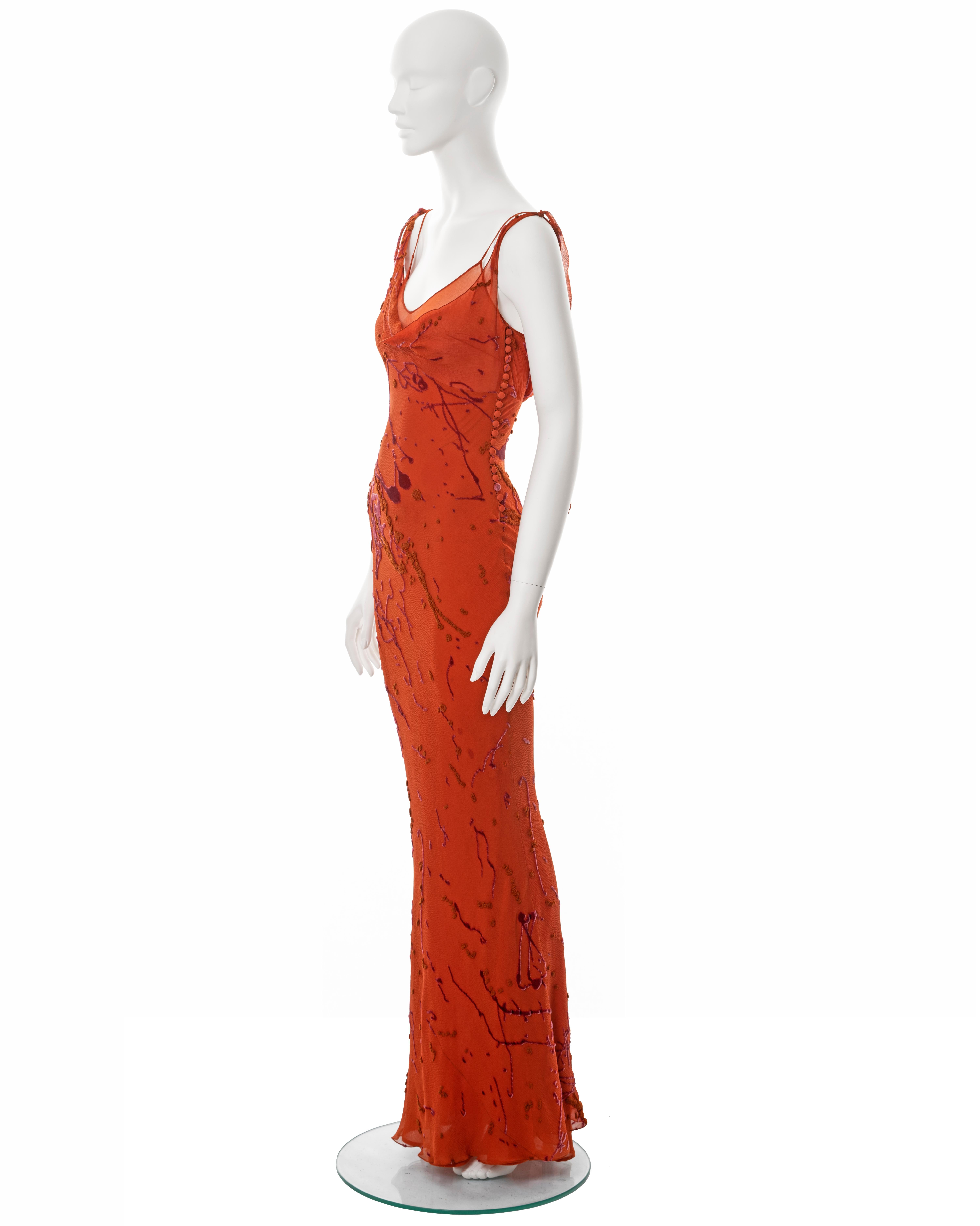 John Galliano orange bias-cut silk devoré 'paint splatter' dress, fw 2000 For Sale 7