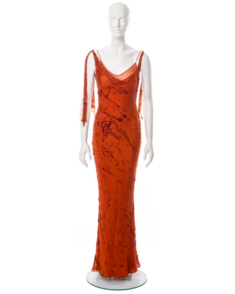 John Galliano orange bias-cut silk devoré 'paint splatter' dress