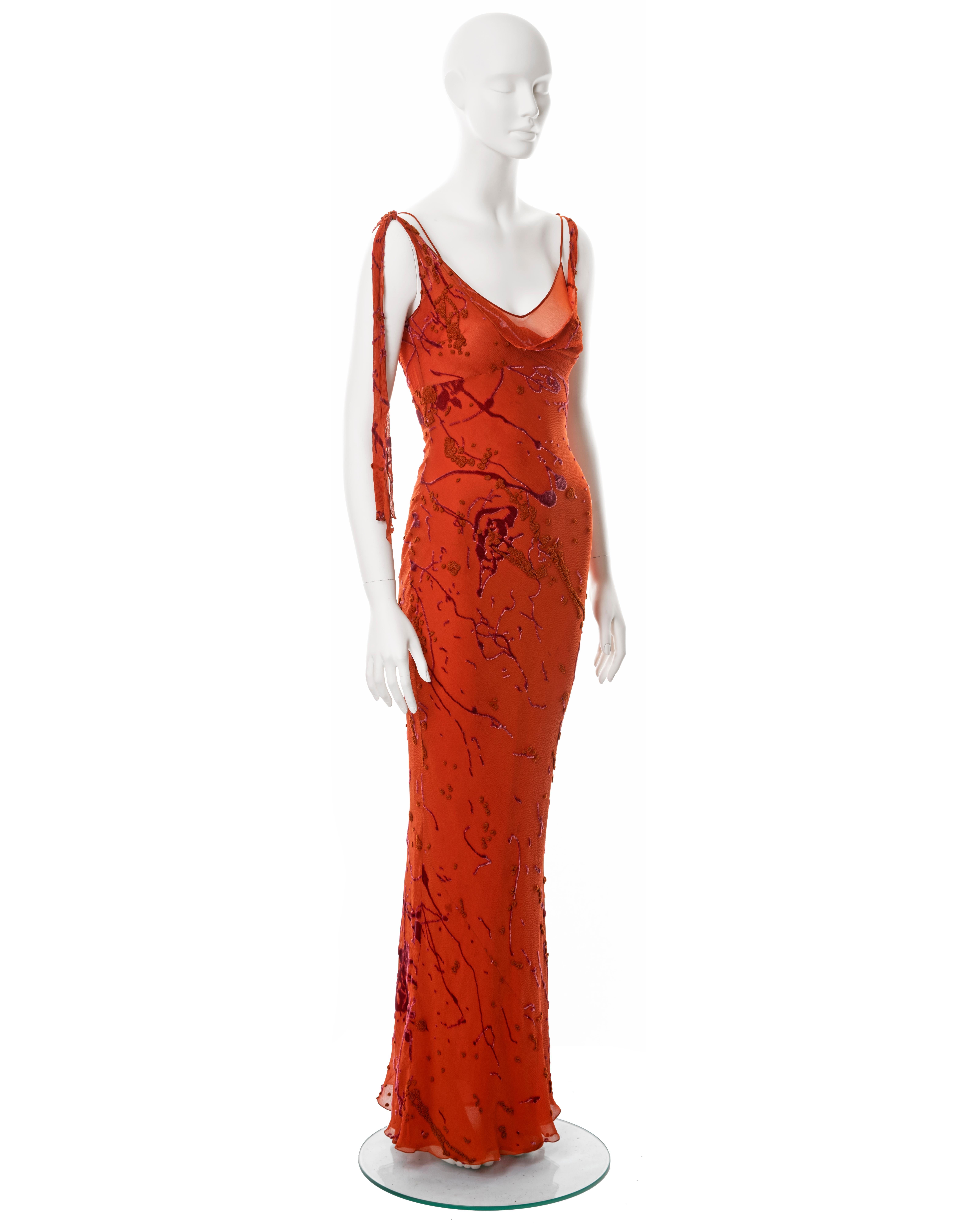 John Galliano orange bias-cut silk devoré 'paint splatter' dress, fw 2000 For Sale 1