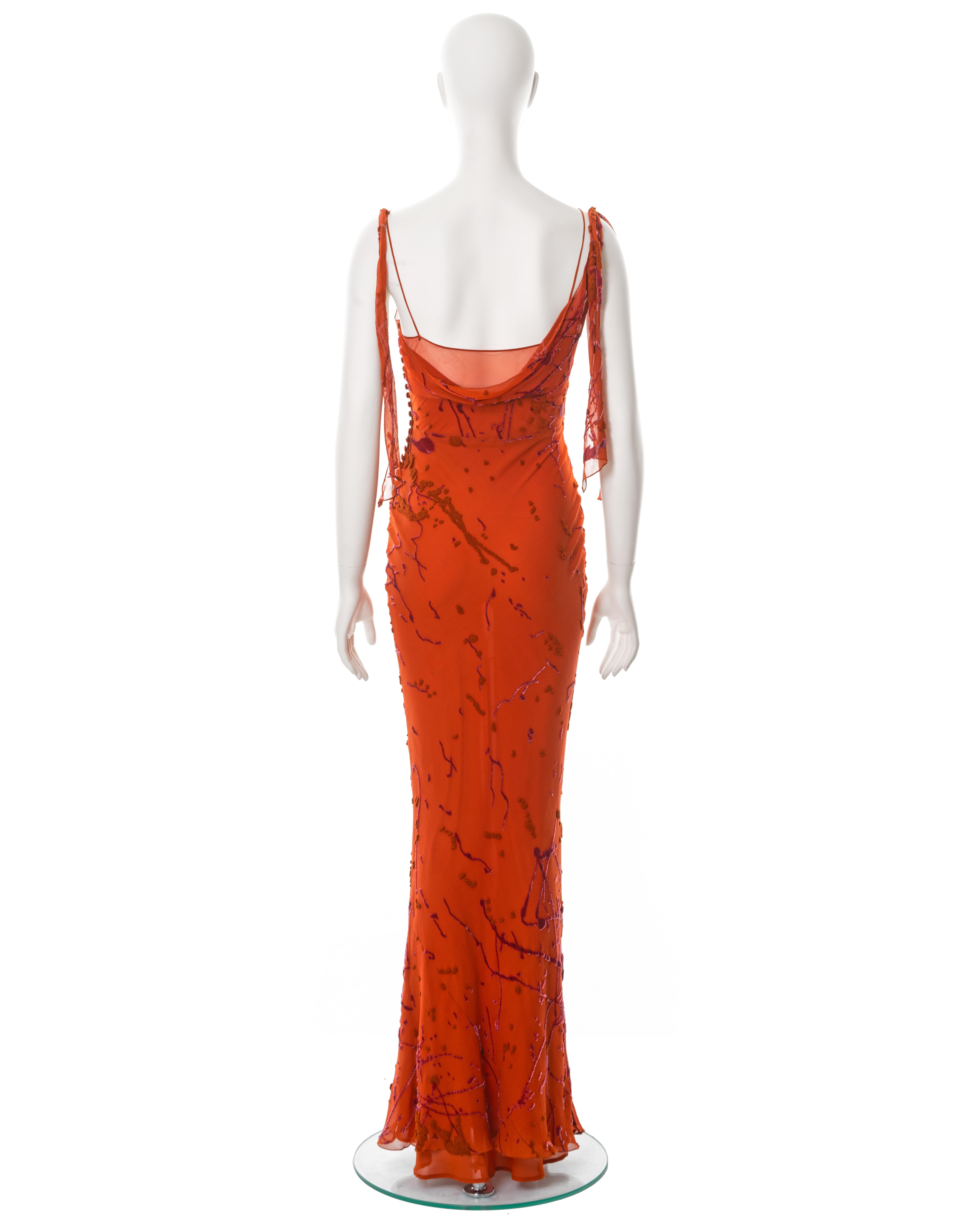 John Galliano orange bias-cut silk devoré 'paint splatter' dress, fw 2000 For Sale 3