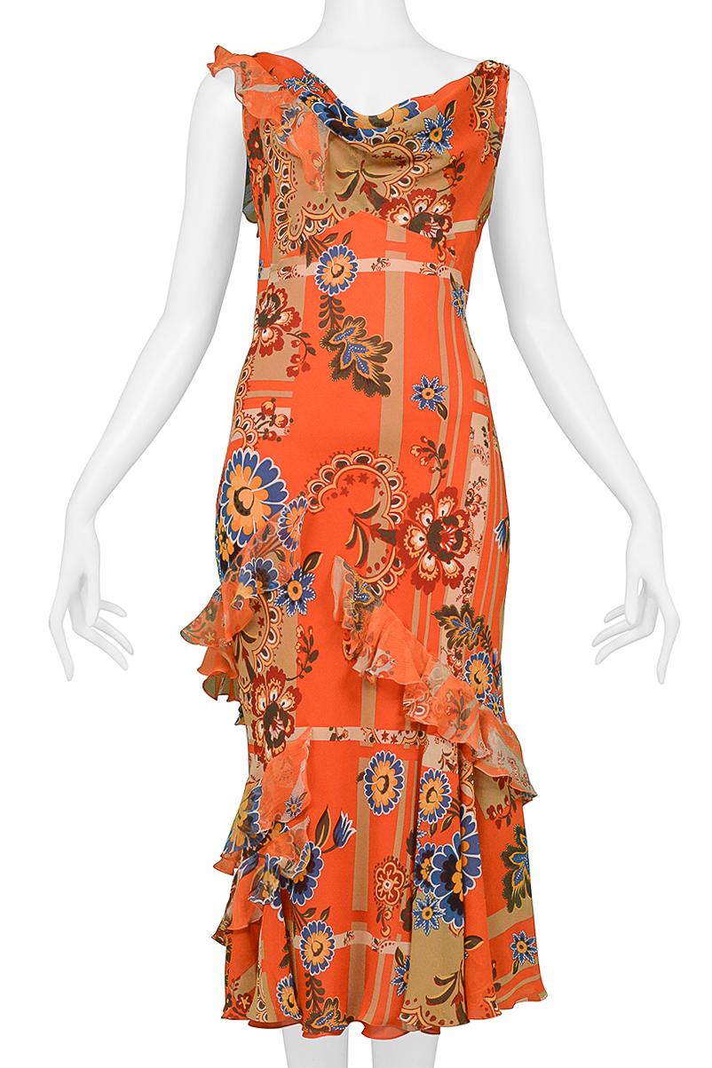 John Galliano Orange Floral Dress With Ruffles And Open Back 2004 In Excellent Condition In Los Angeles, CA