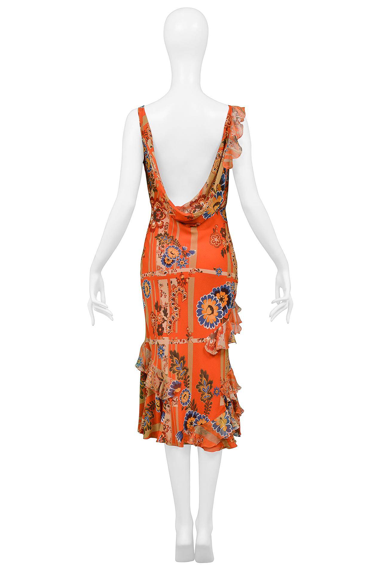 Women's John Galliano Orange Floral Dress With Ruffles And Open Back 2004