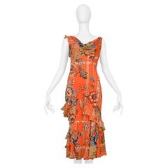 John Galliano Orange Floral Dress With Ruffles And Open Back 2004