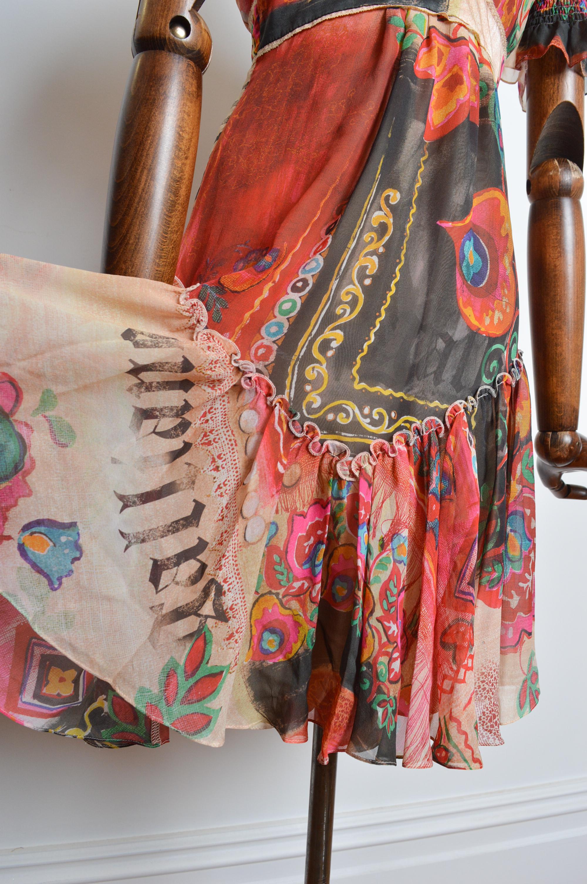 John Galliano - Vestito da tè in seta con stampa floreale dipinta e maniche corte in vendita 6