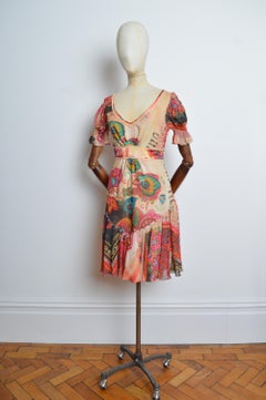 JOHN GALLIANO Painted Floral Print Silk Short sleeve Tea Dress