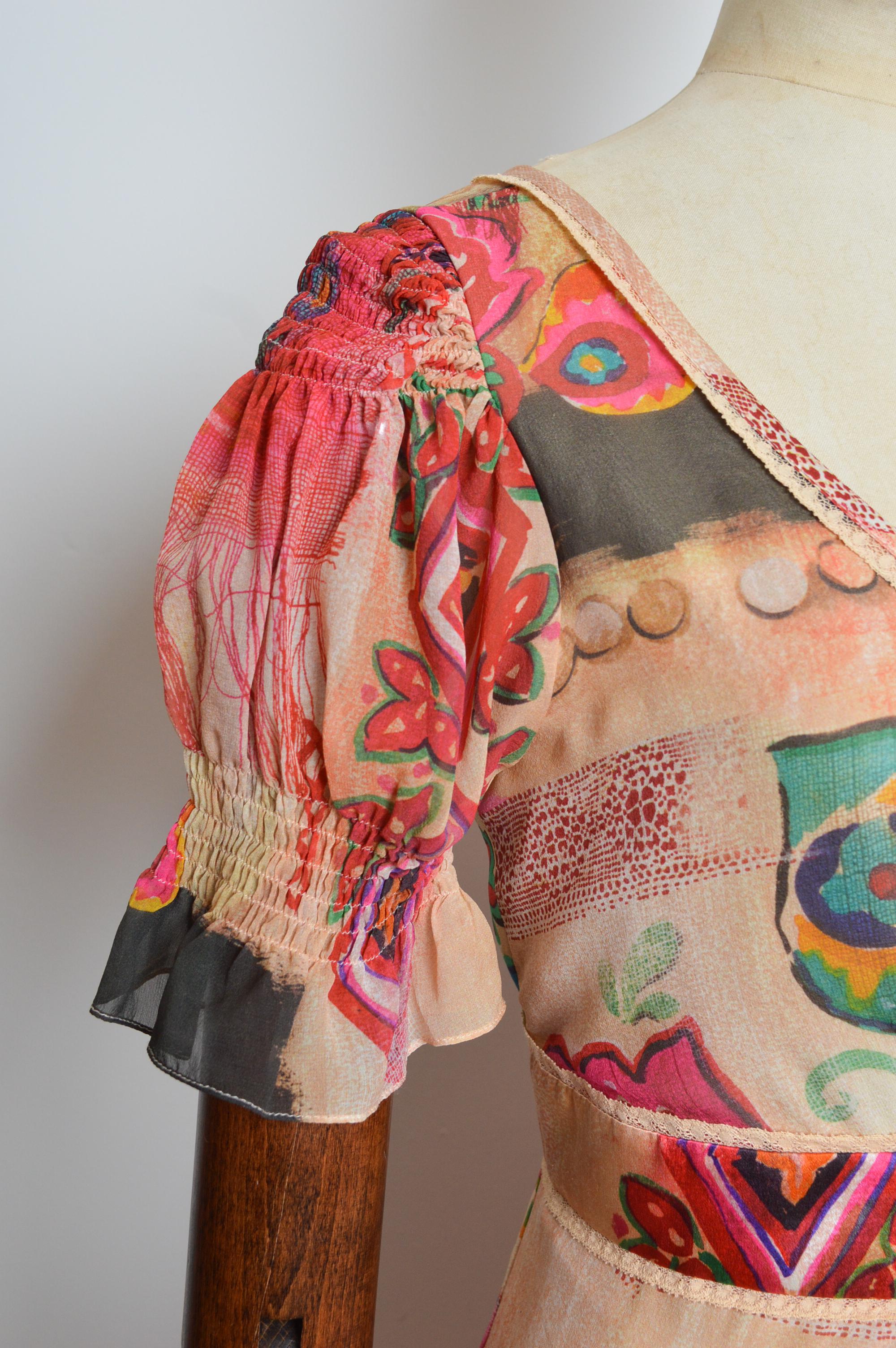 John Galliano - Vestito da tè in seta con stampa floreale dipinta e maniche corte in vendita 3