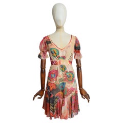 JOHN GALLIANO Painted Floral Print Silk Short sleeve Tea Dress
