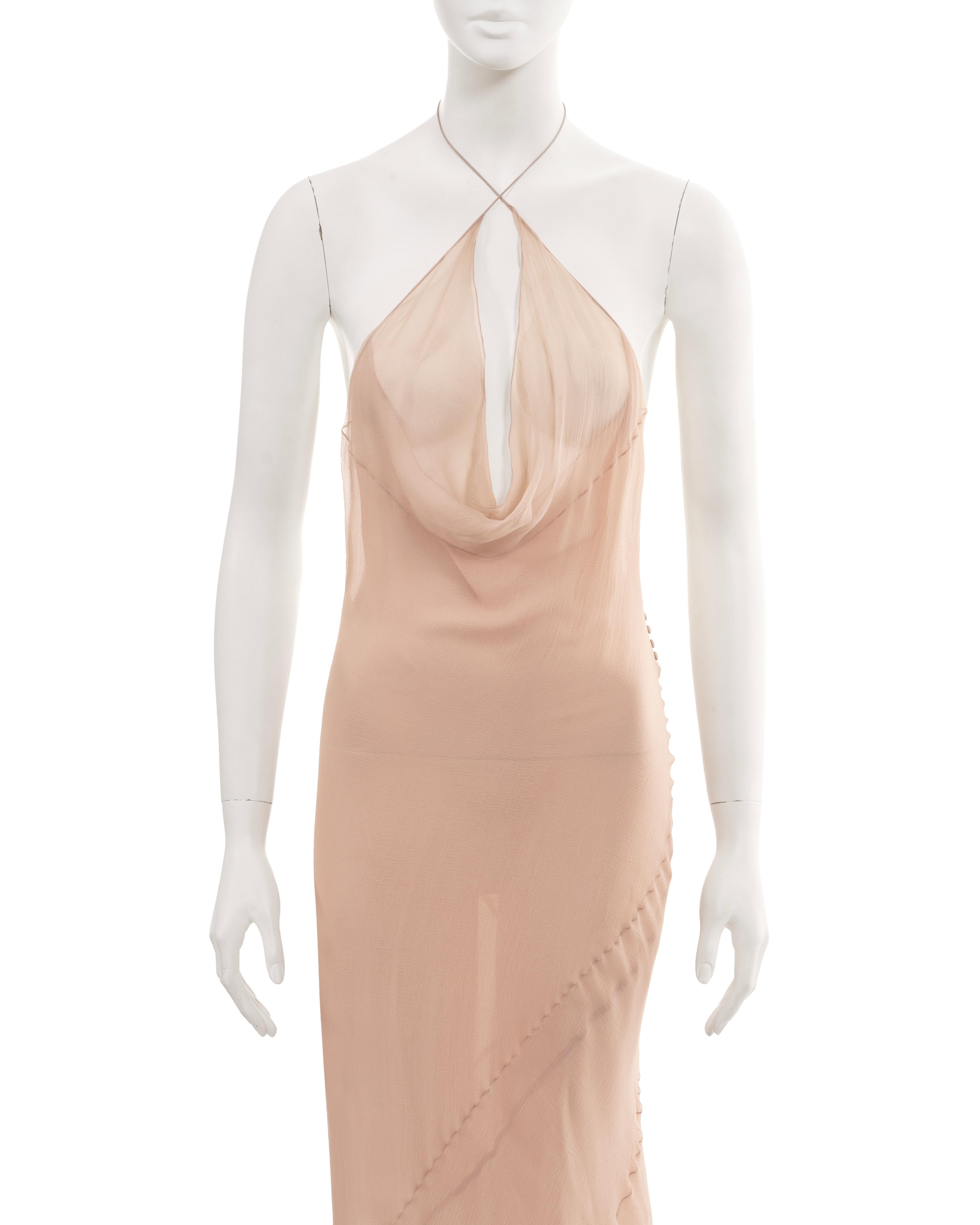 John Galliano pale pink bias-cut silk chiffon halterneck evening dress, fw 1997 In Excellent Condition For Sale In London, GB