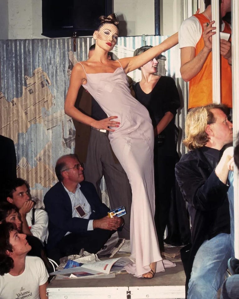 Gray John Galliano pale pink satin backed crepe trained evening slip dress, ss 1995 For Sale