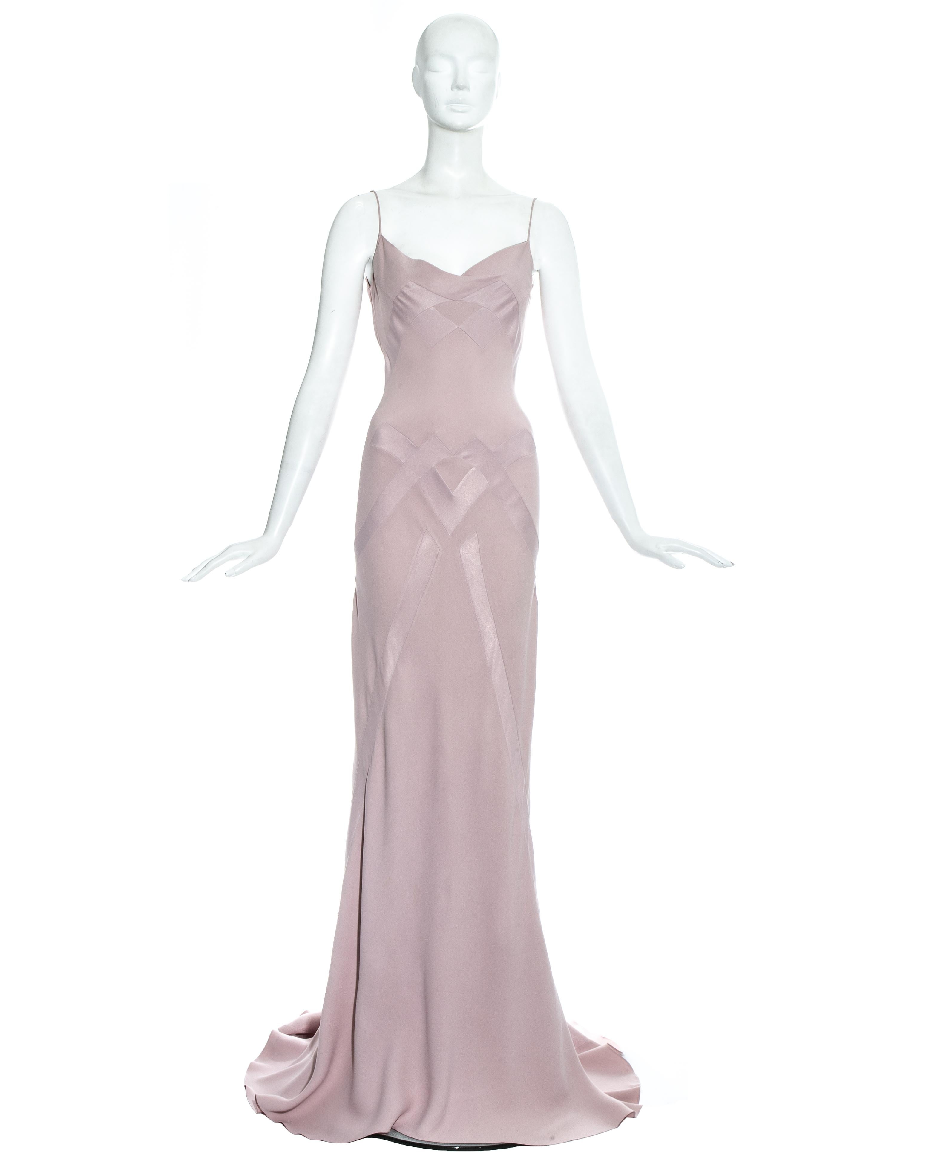 John Galliano pale pink silk bias cut evening slip dress. Spaghetti straps, draped cleavage and intricate bias cut panels throughout - contouring the body. 

Spring-Summer 1995