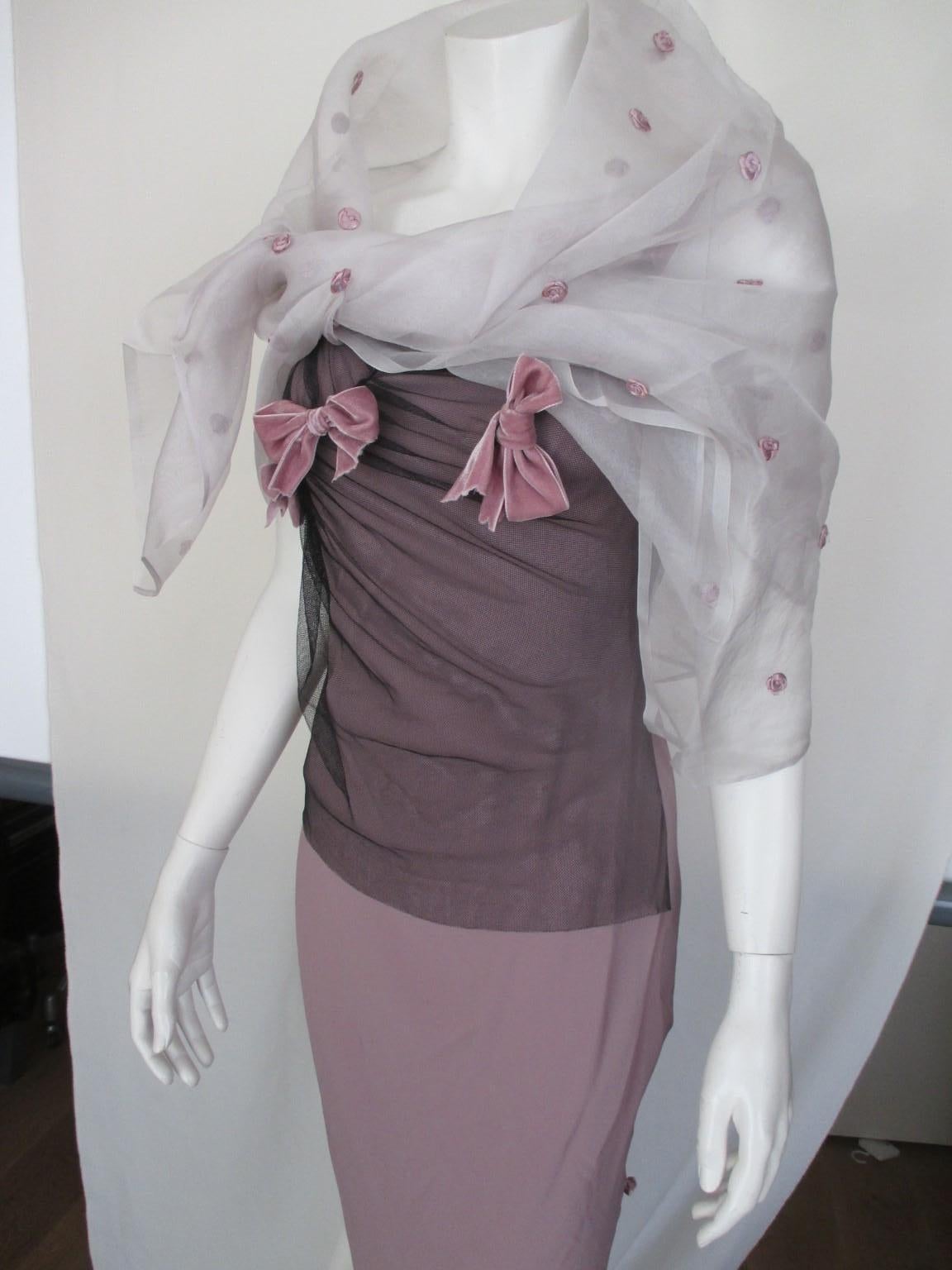 John Galliano Paris Violet Bows Roses Dress and Scarf Small 7